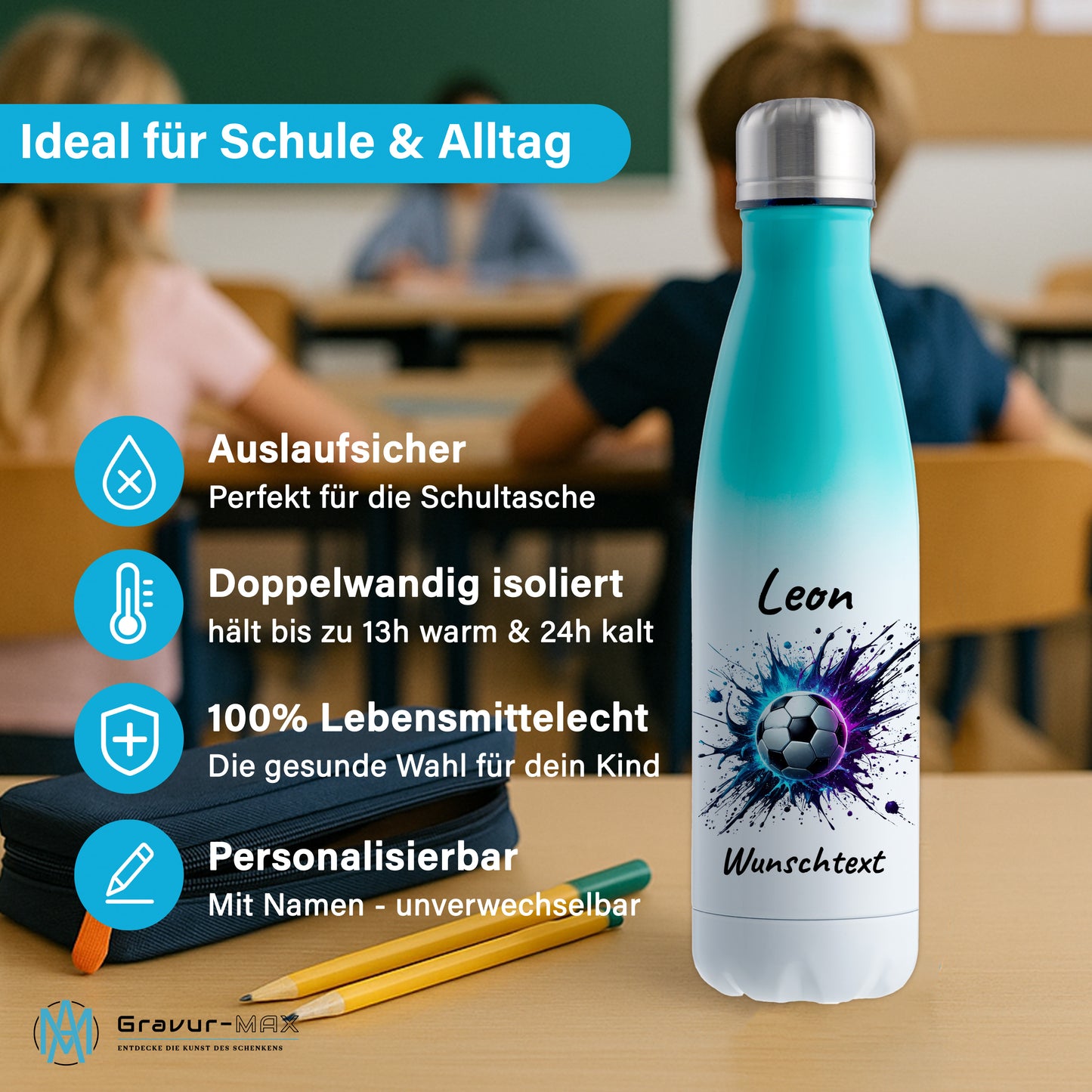 Thermoflasche 500ml in Weiß/Mint aus Edelstahl bedruckt "Fußball" Motiv10 personalisierbar mit Wunschname & Text