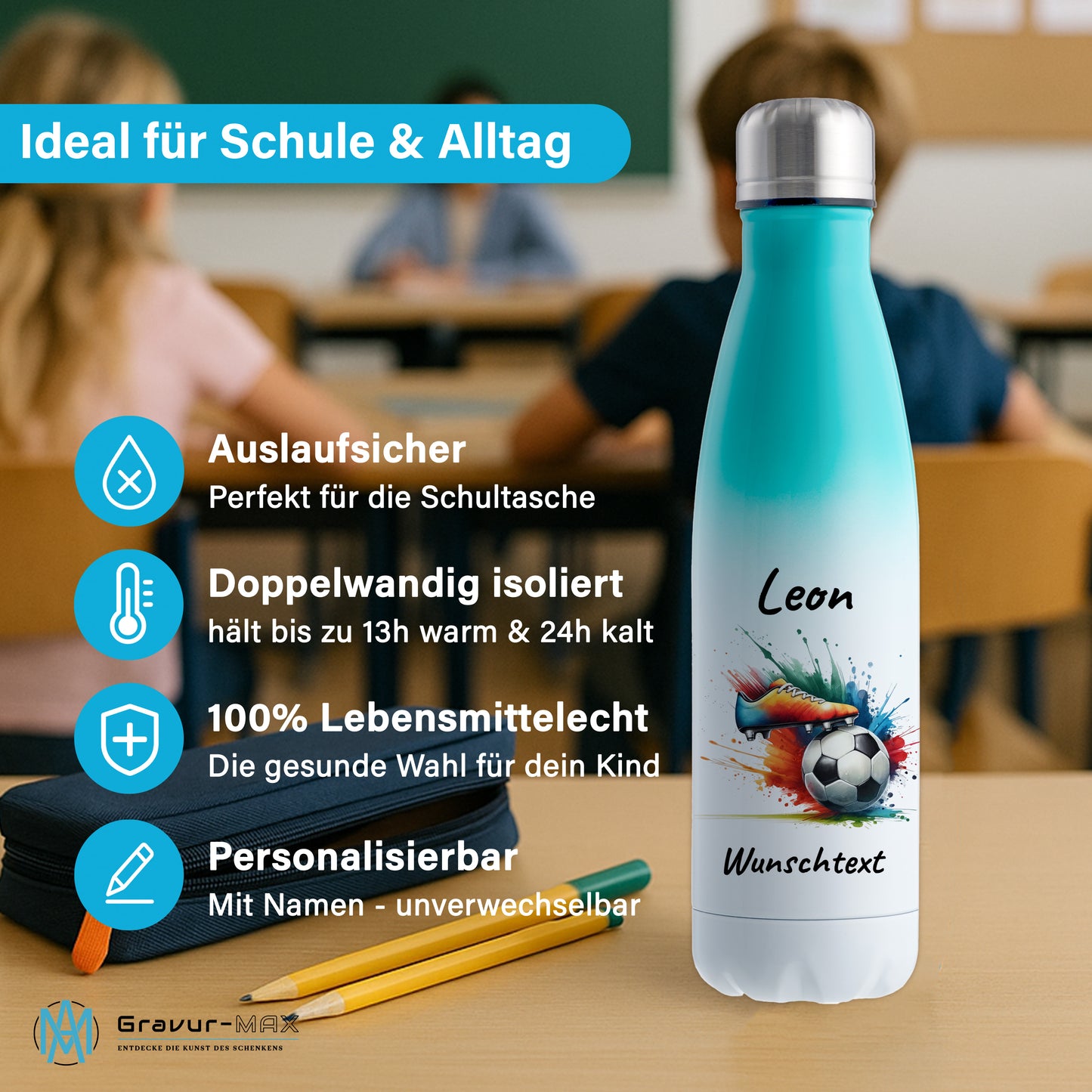 Thermoflasche 500ml in Weiß/Mint aus Edelstahl bedruckt "Fußball" Motiv6 personalisierbar mit Wunschname & Text