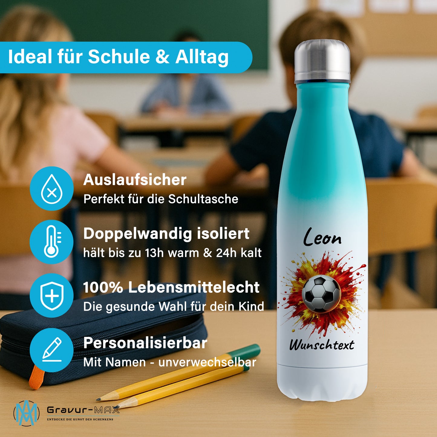 Thermoflasche 500ml in Weiß/Mint aus Edelstahl bedruckt "Fußball" Motiv9 personalisierbar mit Wunschname & Text