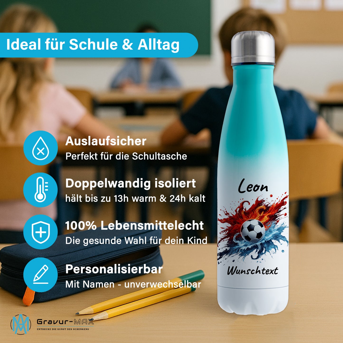 Thermoflasche 500ml in Weiß/Mint aus Edelstahl bedruckt "Fußball" Motiv12 personalisierbar mit Wunschname & Text