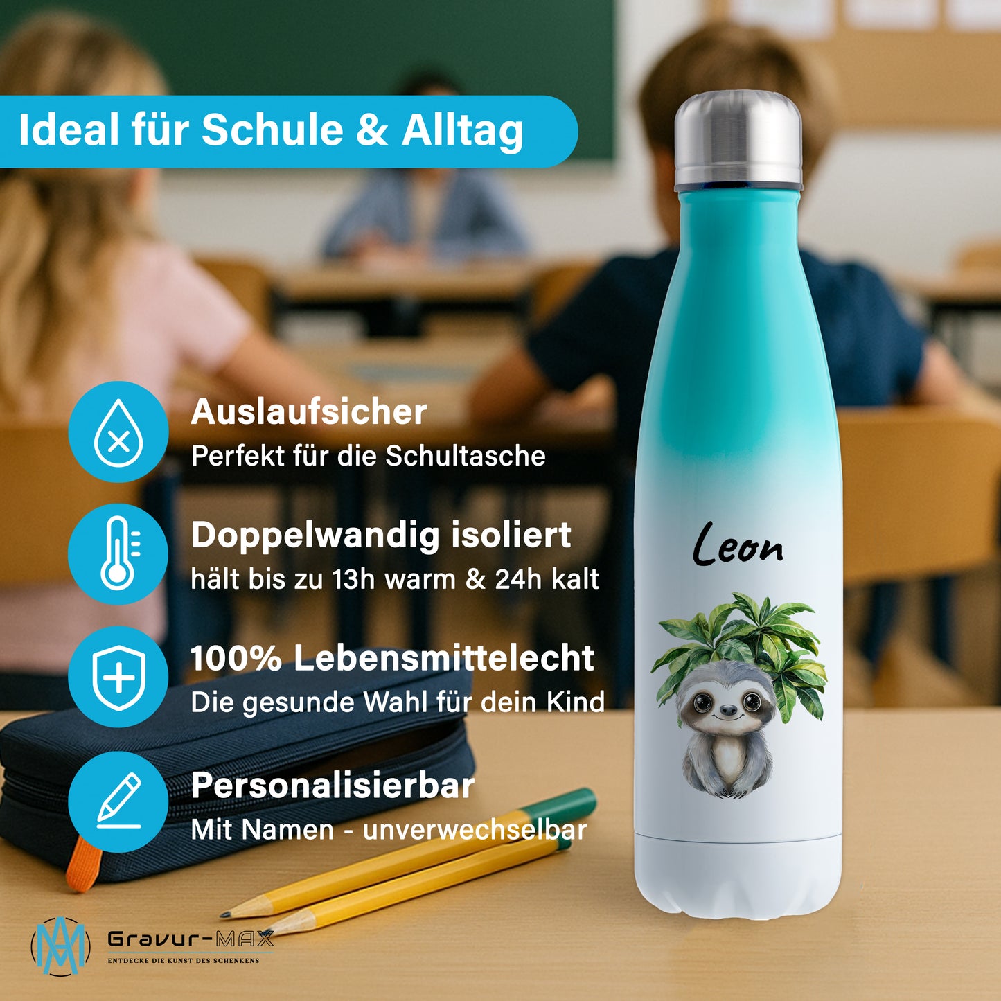 Trinkflasche mit Farbverlauf in Weiß/Mint 500ml aus Edelstahl bedruckt mit Dschungel Tieren"Faultier" personalisierbar für Kinder mit Wunschname