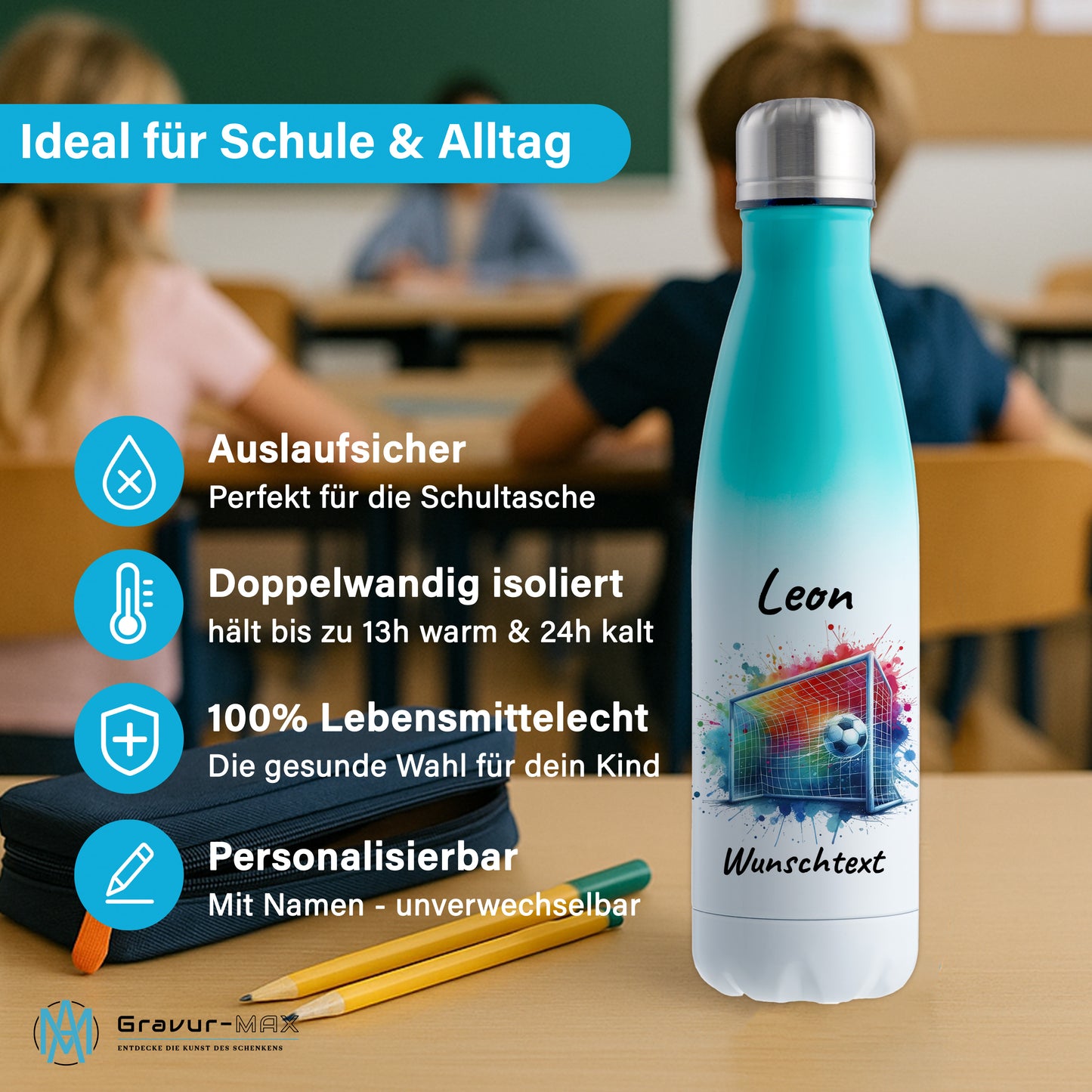 Thermoflasche 500ml in Weiß/Mint aus Edelstahl bedruckt "Fußball" Motiv5 personalisierbar mit Wunschname & Text