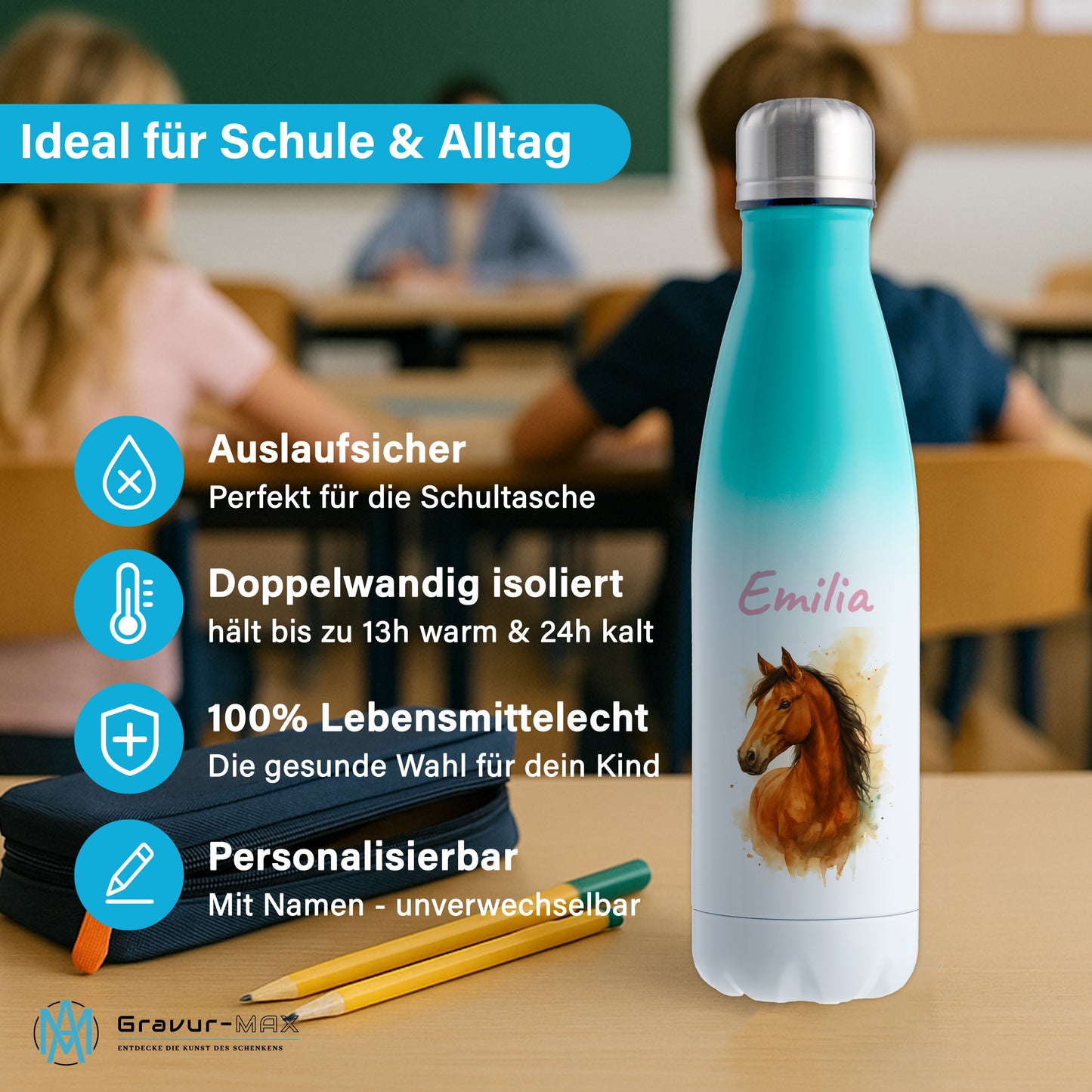 Thermoflasche 500ml in Weiß/Mint bedruckt mit tollen Motiven für Kinder "Pferd" personalisierbar mit Wunschname