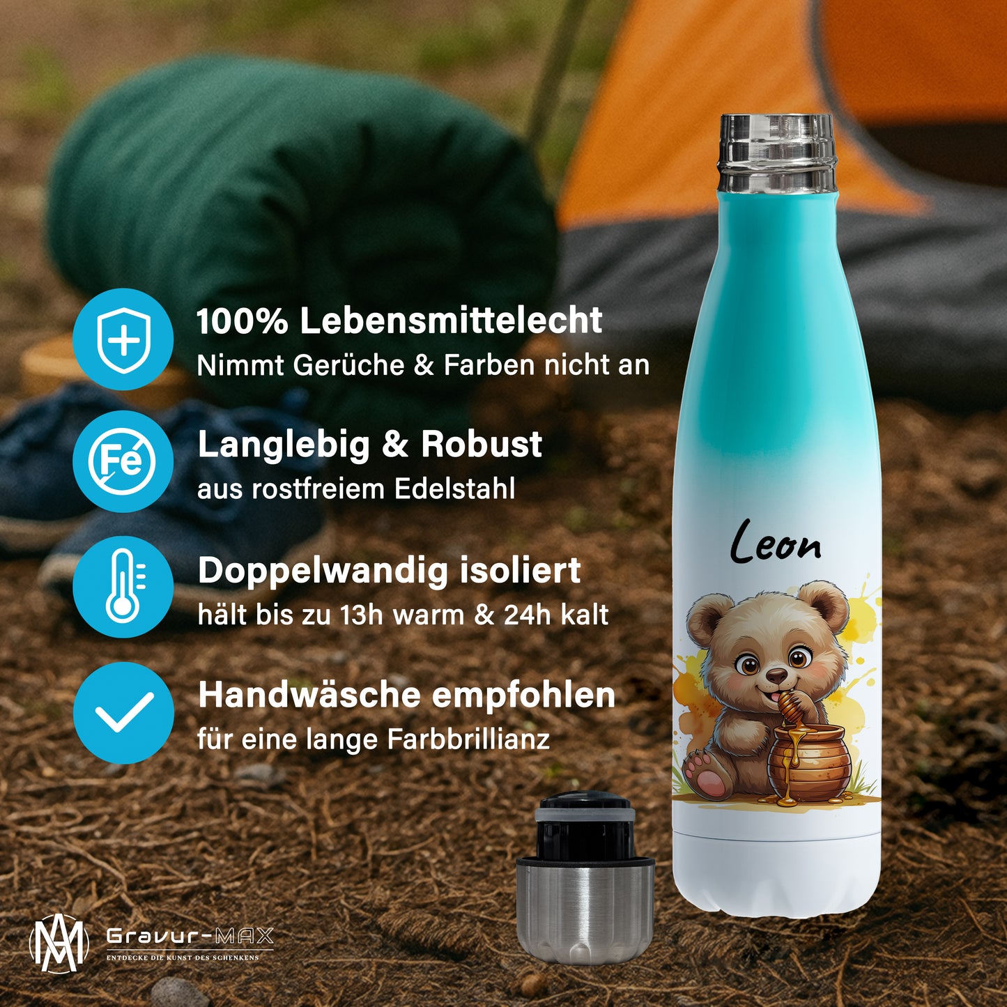 Trinkflasche in Weiß/Mint 500ml aus Edelstahl bedruckt mit niedlichen Tieren "Bär" personalisierbar für Kinder mit Wunschname