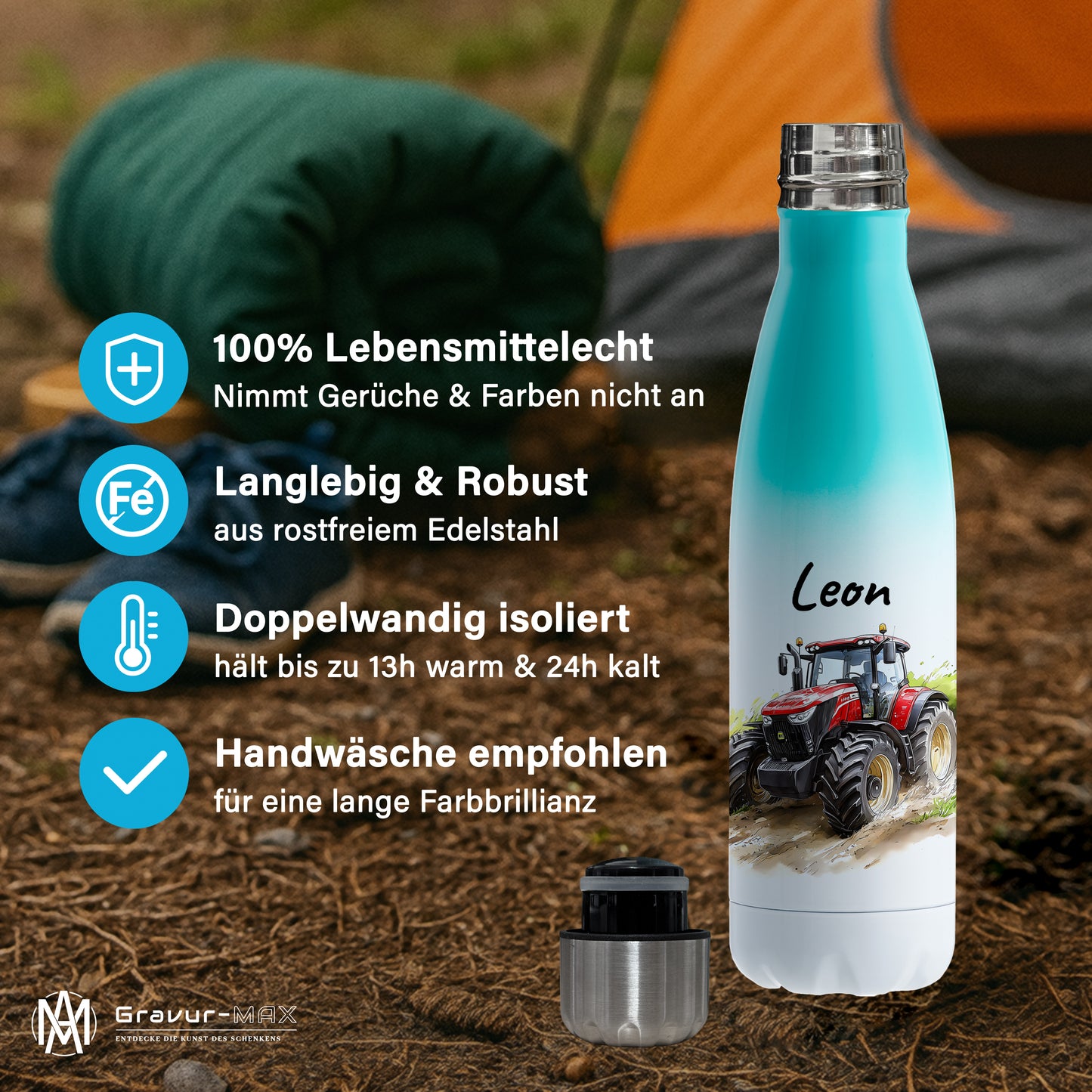 Thermoflasche 500ml in Weiß/Mint bedruckt mit tollen Motiven für Kinder "Traktor" personalisierbar mit Wunschname