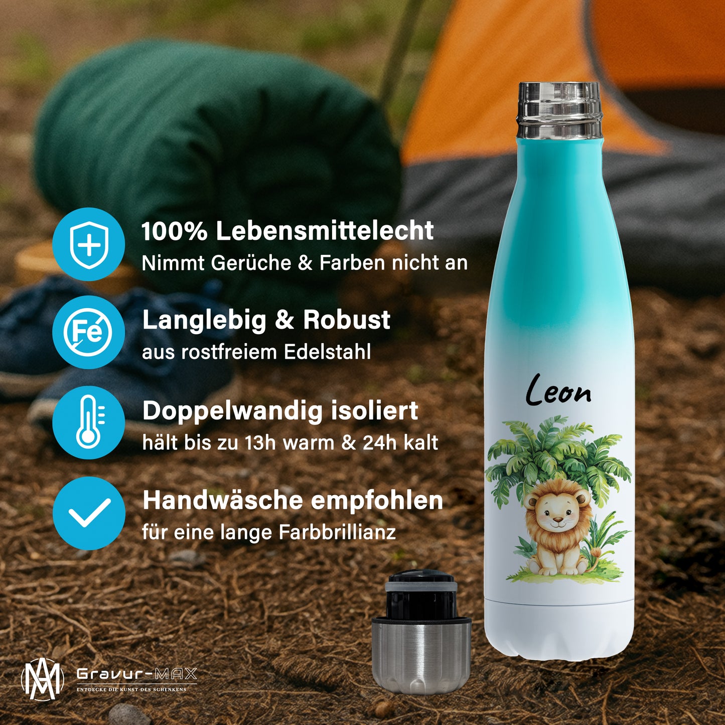 Trinkflasche mit Farbverlauf in Weiß/Mint 500ml aus Edelstahl bedruckt mit Dschungel Tieren"Löwe" personalisierbar für Kinder mit Wunschname