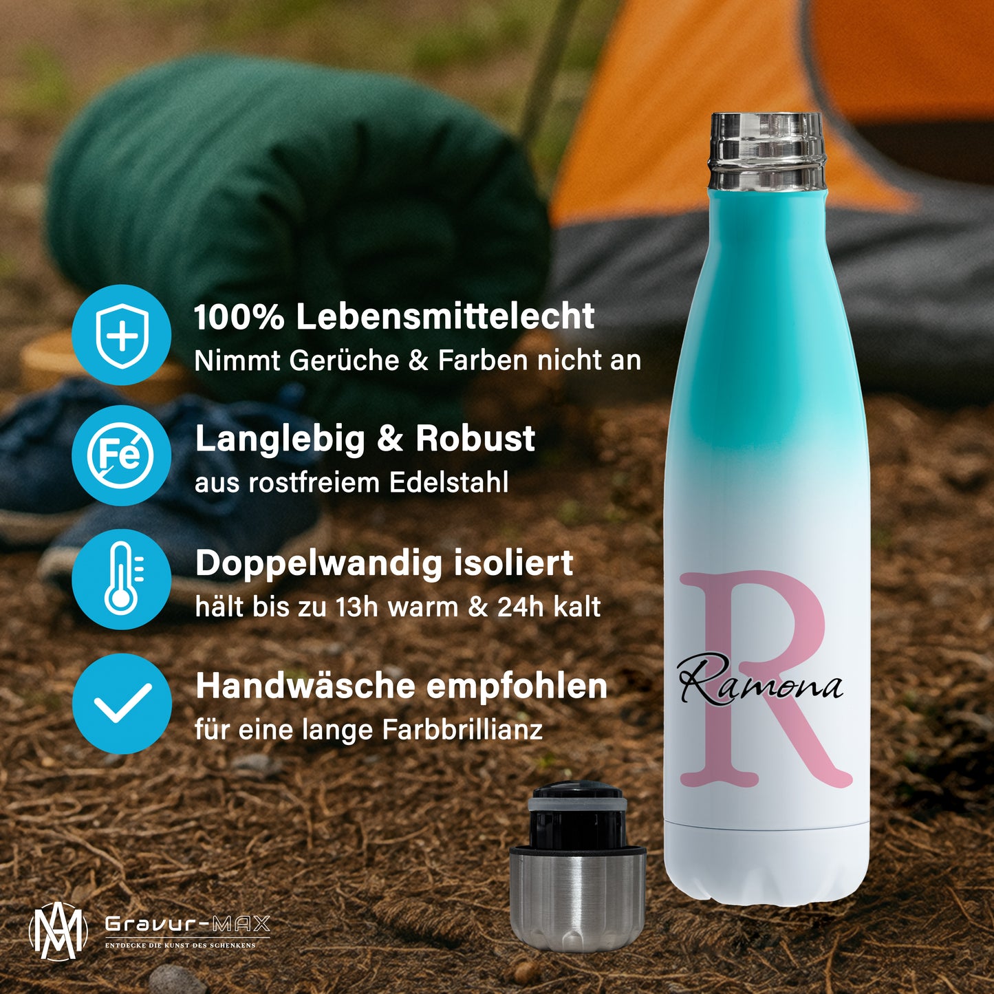 Thermoflasche 500ml aus Edelstahl in Weiß/Mint personalisierbar mit Wunschname auslaufsichere Trinkflasche