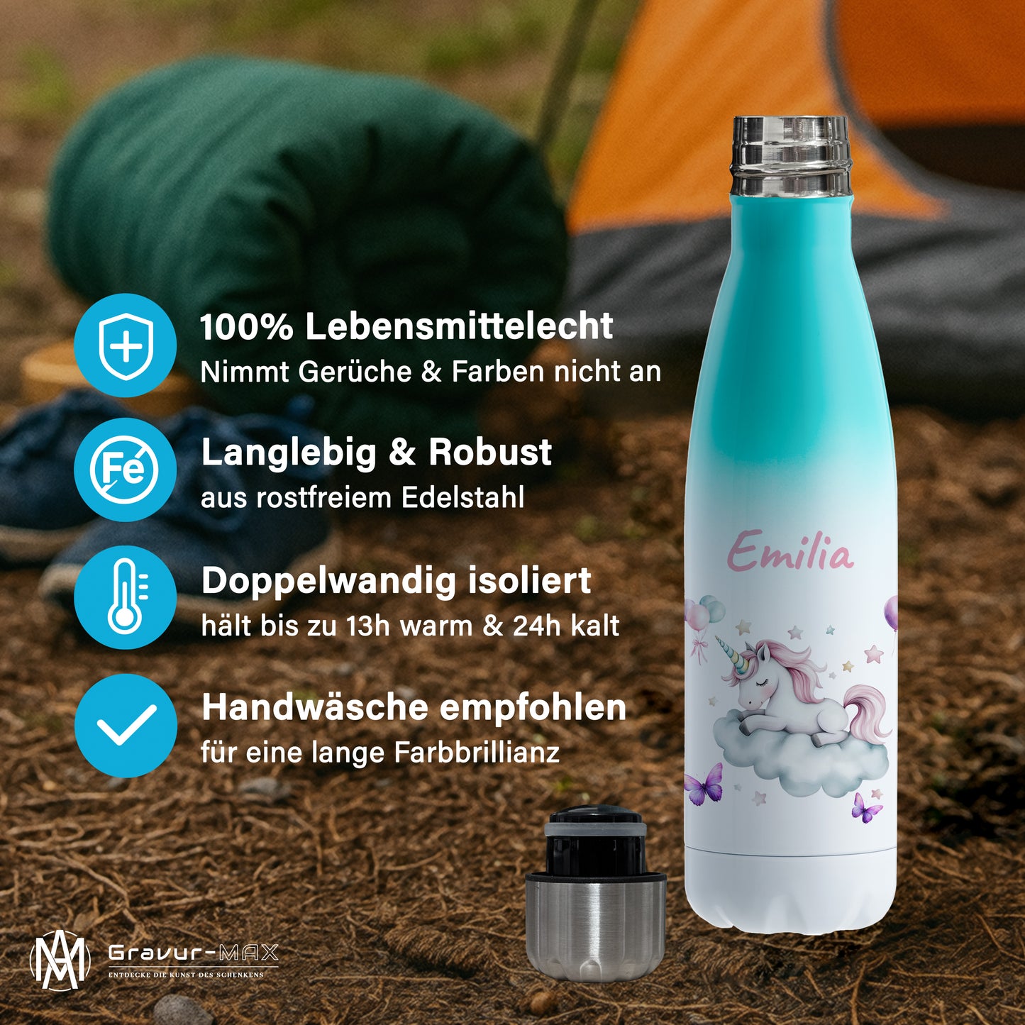 Thermoflasche 500ml in Weiß/Mint bedruckt mit tollen Motiven für Kinder "Einhorn Wolke" personalisierbar mit Wunschname