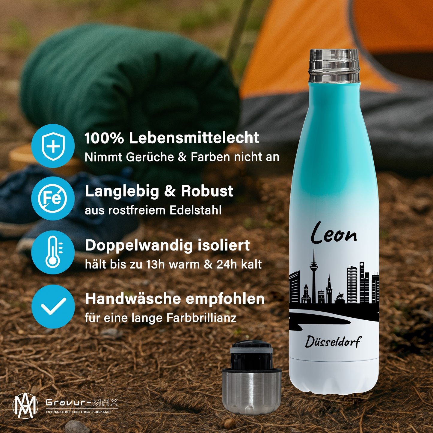 Trinkflasche in Weiß/Mint 500ml aus Edelstahl bedruckt mit der Skyline von Düsseldorf personalisierbar mit Wunschname