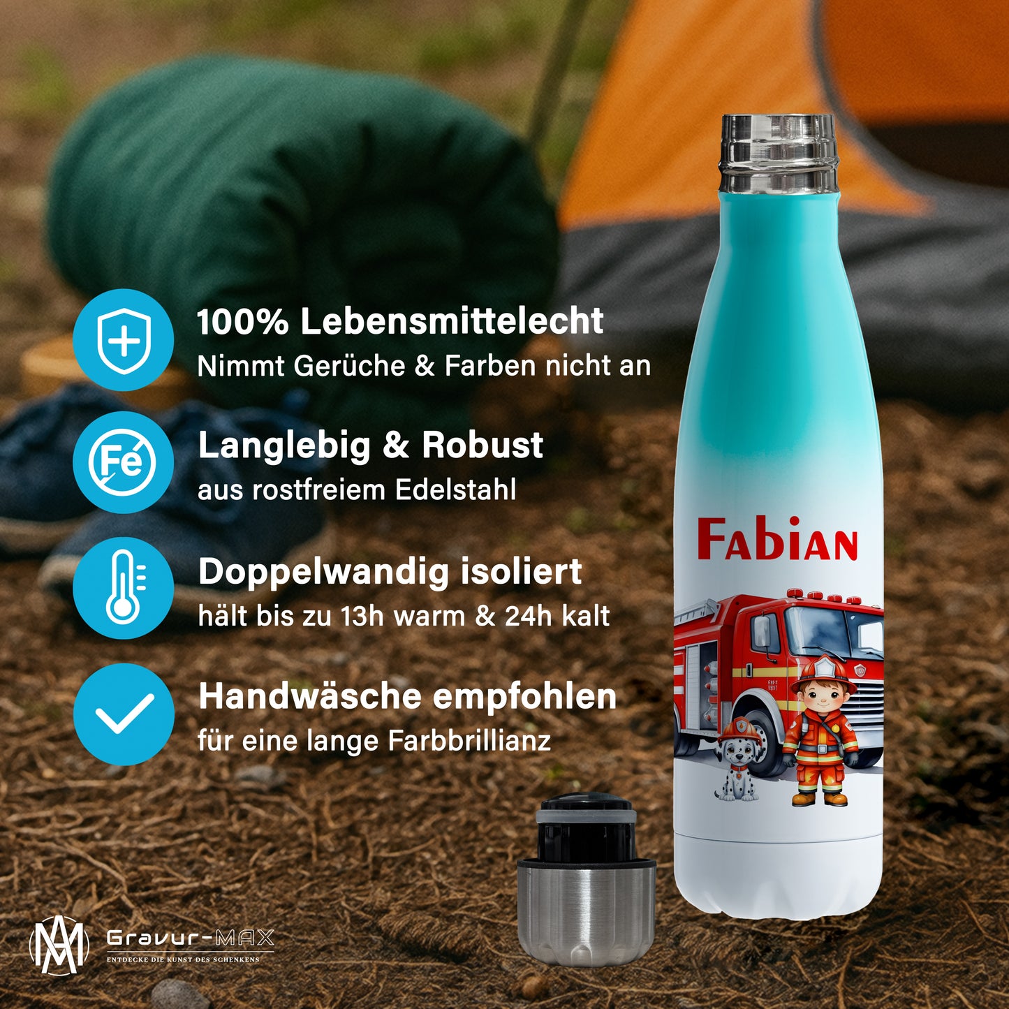 Thermoflasche 500ml in Weiß/Mint bedruckt mit tollen Motiven für Kinder "Feuerwehr" personalisierbar mit Wunschname