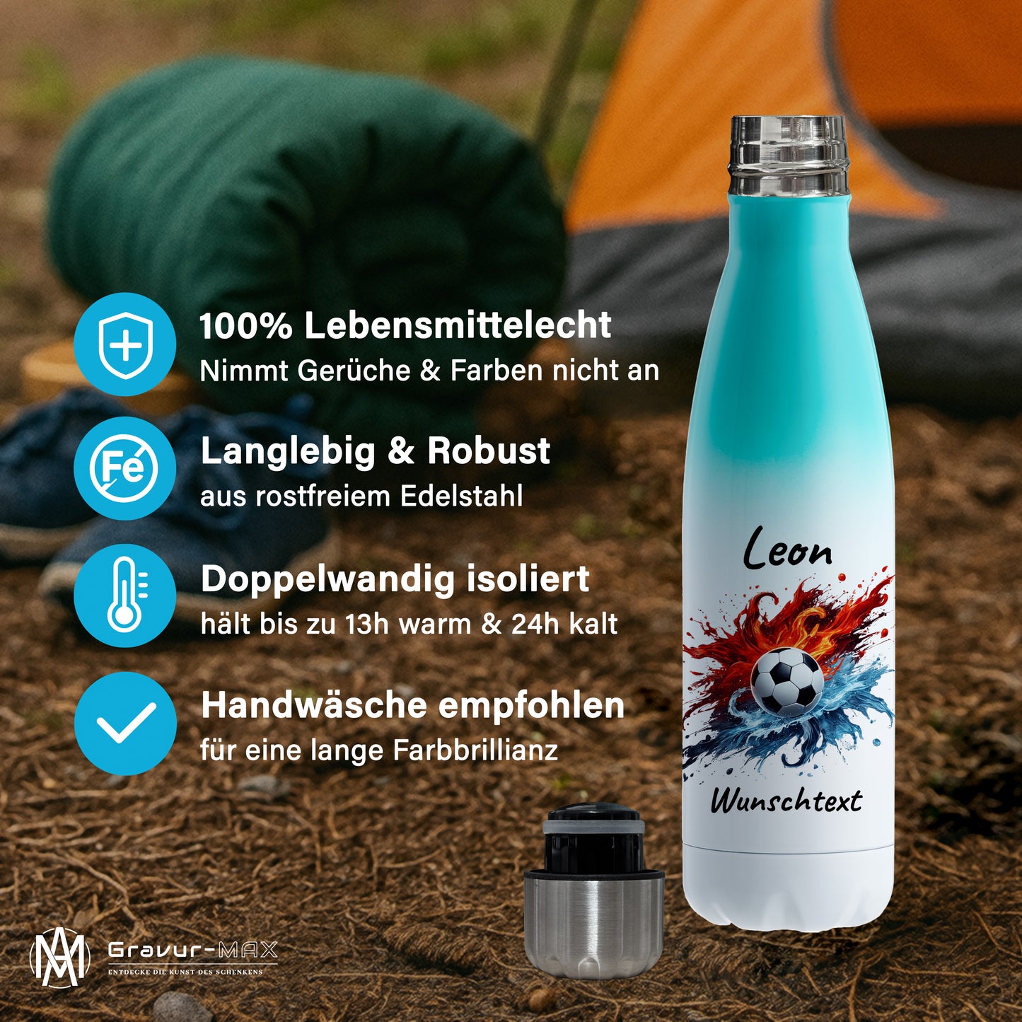 Thermoflasche 500ml in Weiß/Mint aus Edelstahl bedruckt "Fußball" Motiv12 personalisierbar mit Wunschname & Text