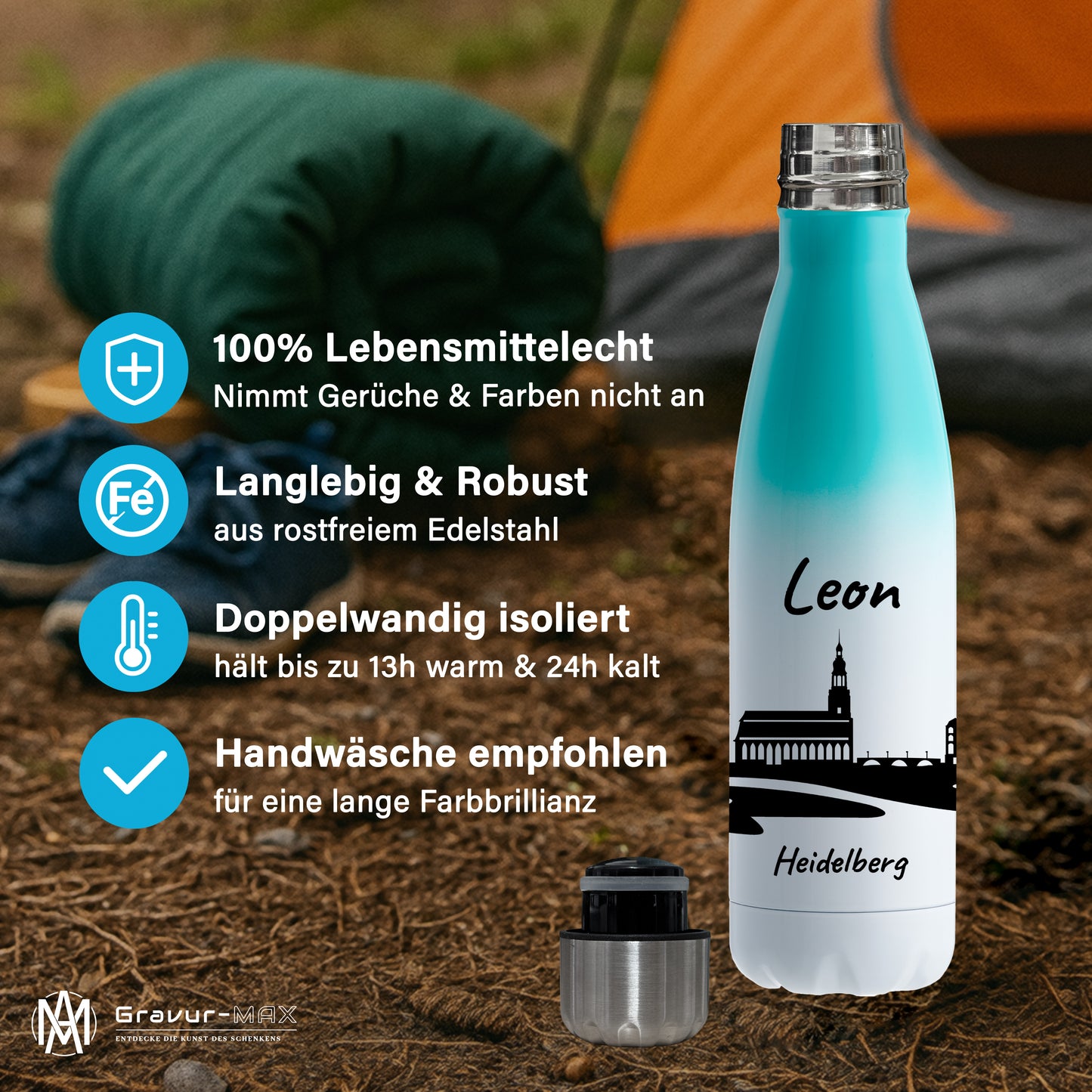 Trinkflasche in Weiß/Mint 500ml aus Edelstahl bedruckt mit der Skyline von Heidelberg personalisierbar mit Wunschname