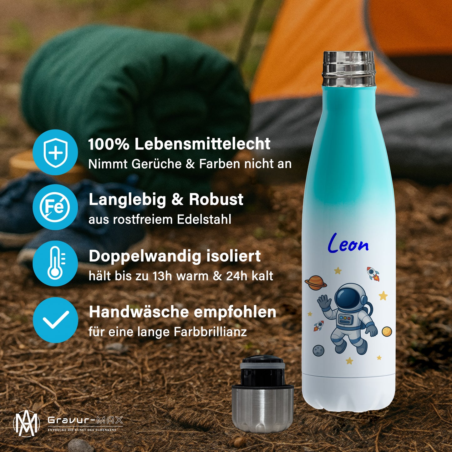 Thermoflasche 500ml in Weiß/Mint bedruckt mit tollen Motiven für Kinder "Astronaut" personalisierbar mit Wunschname
