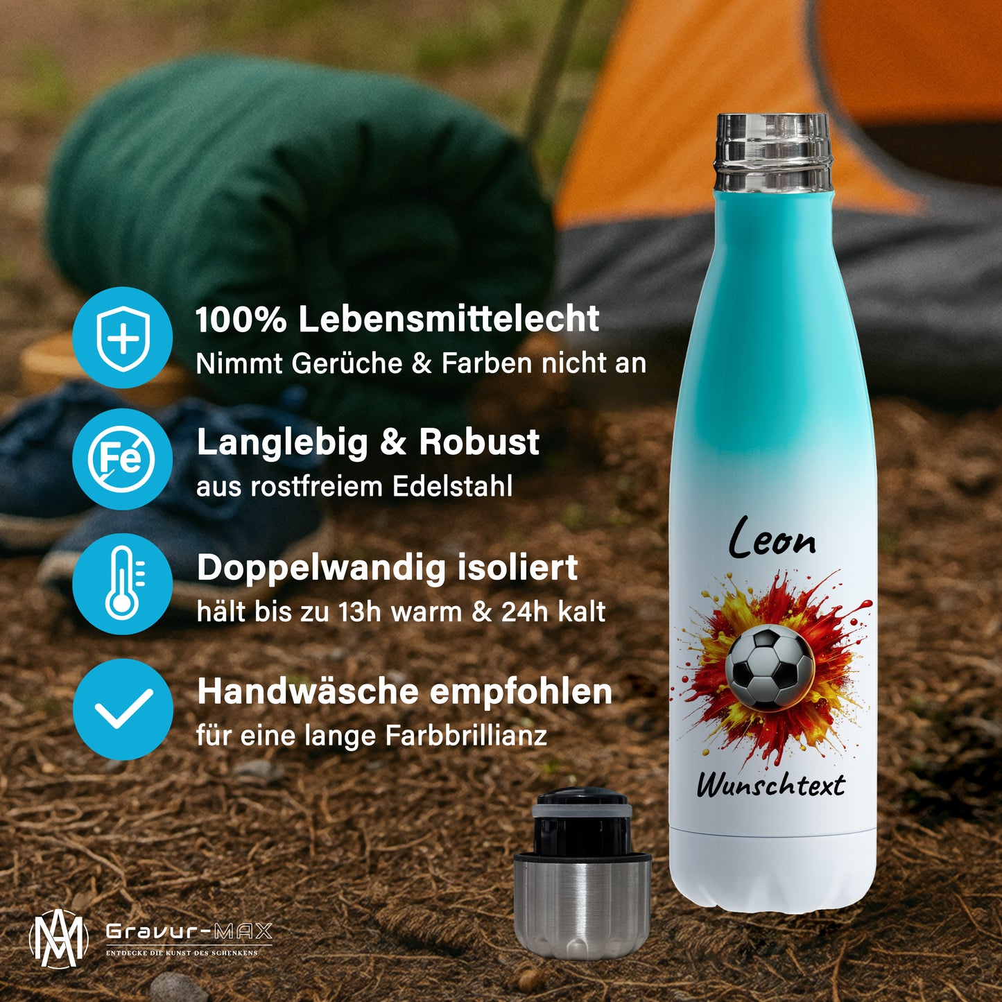 Thermoflasche 500ml in Weiß/Mint aus Edelstahl bedruckt "Fußball" Motiv9 personalisierbar mit Wunschname & Text