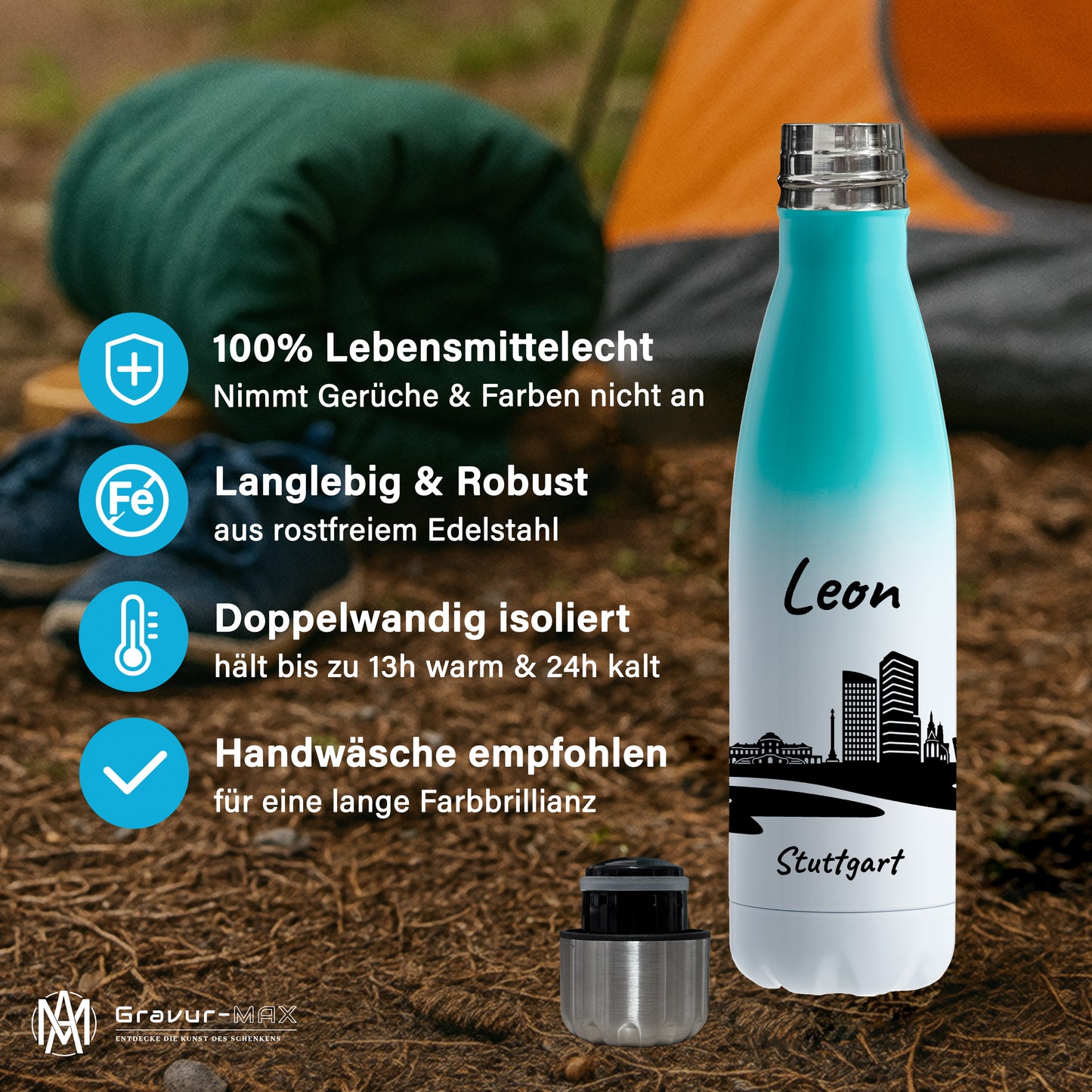 Trinkflasche in Weiß/Mint 500ml aus Edelstahl bedruckt mit der Skyline von Stuttgart personalisierbar mit Wunschname