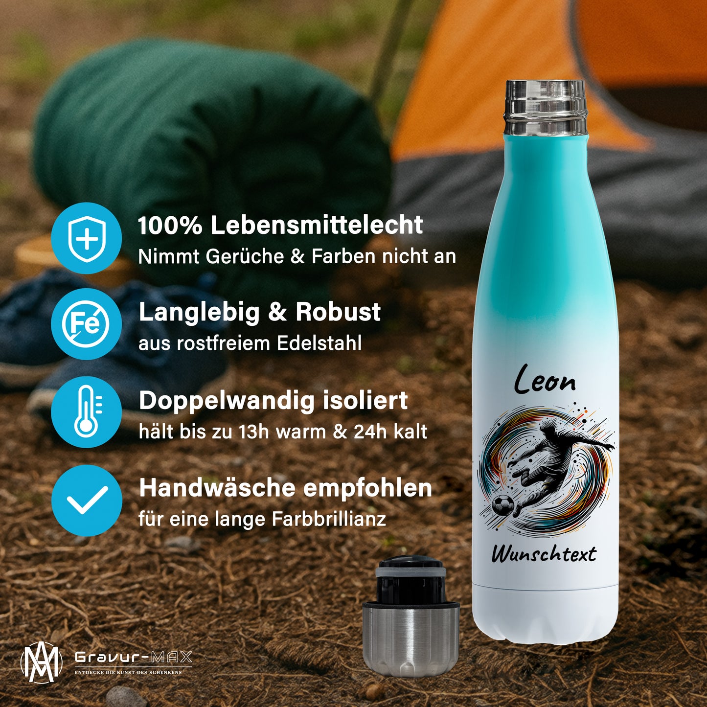 Thermoflasche 500ml in Weiß/Mint aus Edelstahl bedruckt "Fußball" Motiv1 personalisierbar mit Wunschname & Text