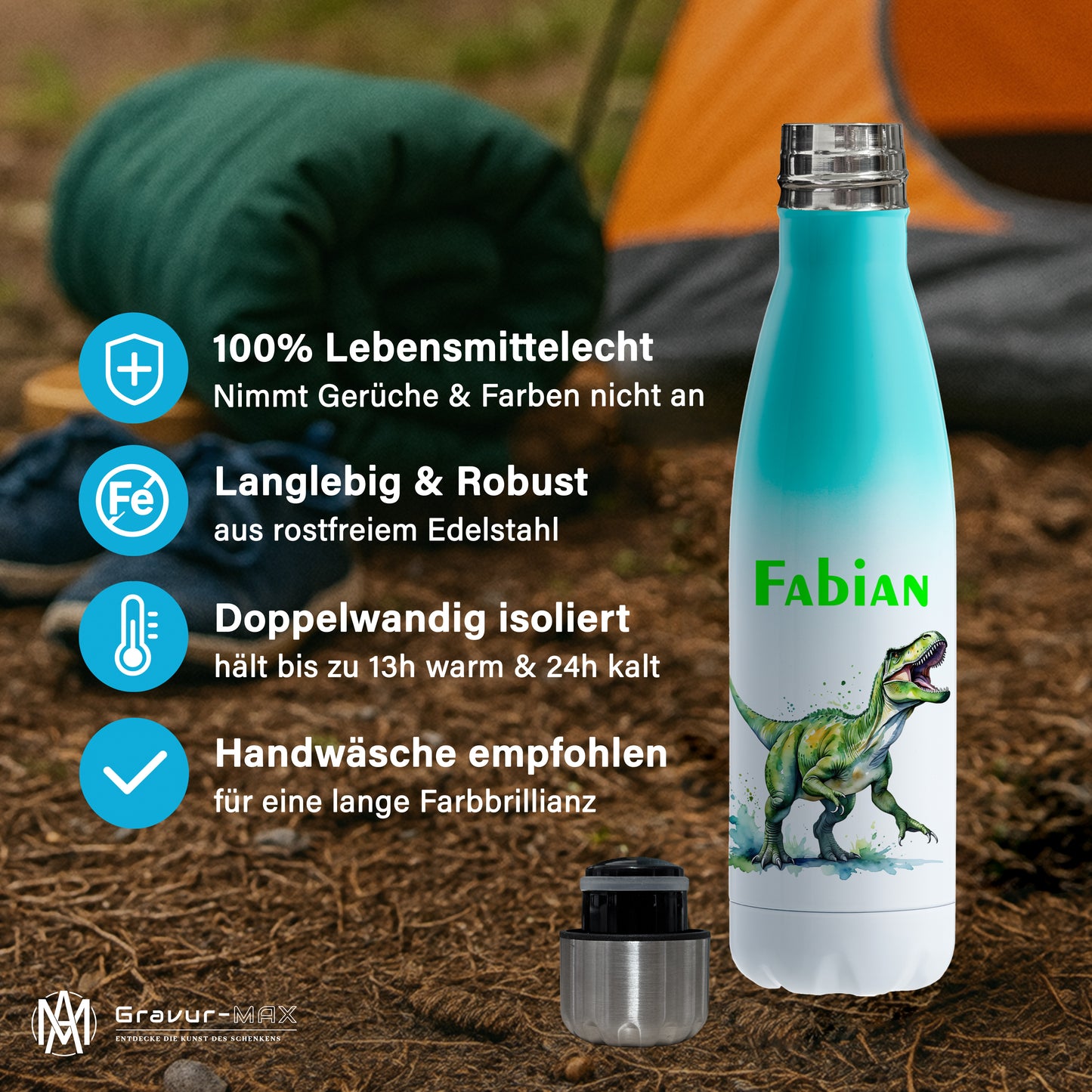 Thermoflasche 500ml in Weiß/Mint bedruckt mit tollen Motiven für Kinder "Dino T-Rex" personalisierbar mit Wunschname