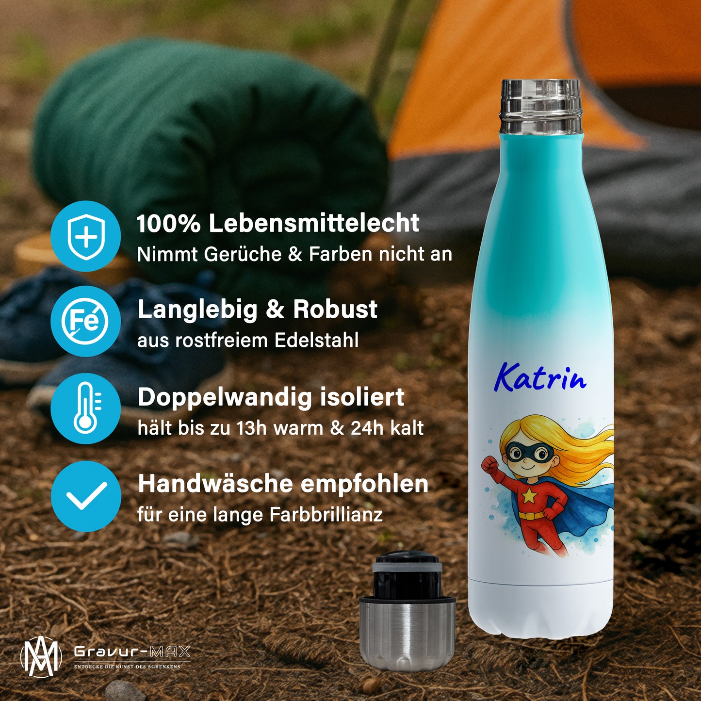 Thermoflasche 500ml in Weiß/Mint bedruckt mit tollen Motiven für Kinder "Superheldin" personalisierbar mit Wunschname