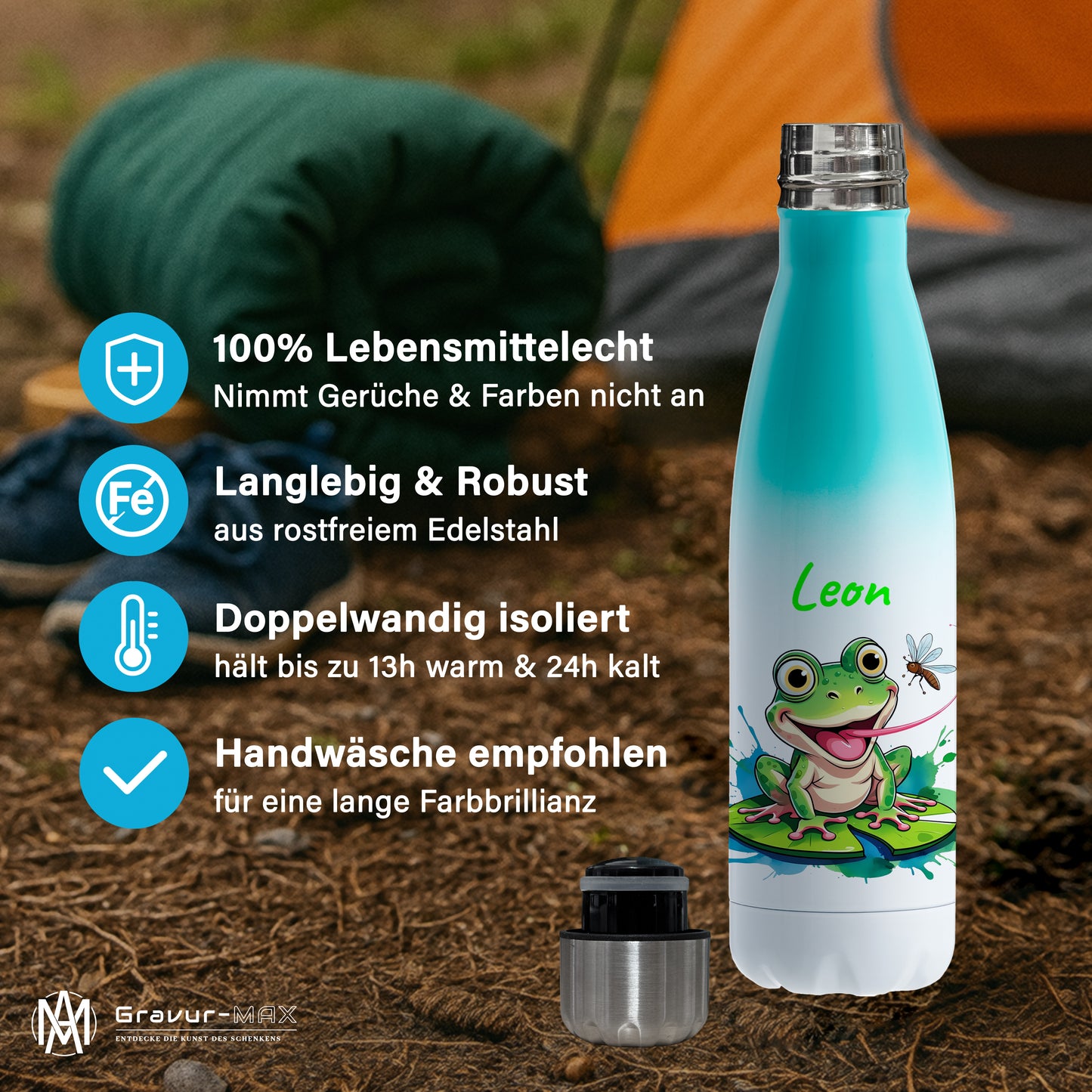Trinkflasche in Weiß/Mint 500ml aus Edelstahl bedruckt mit niedlichen Tieren "Frosch" personalisierbar für Kinder mit Wunschname