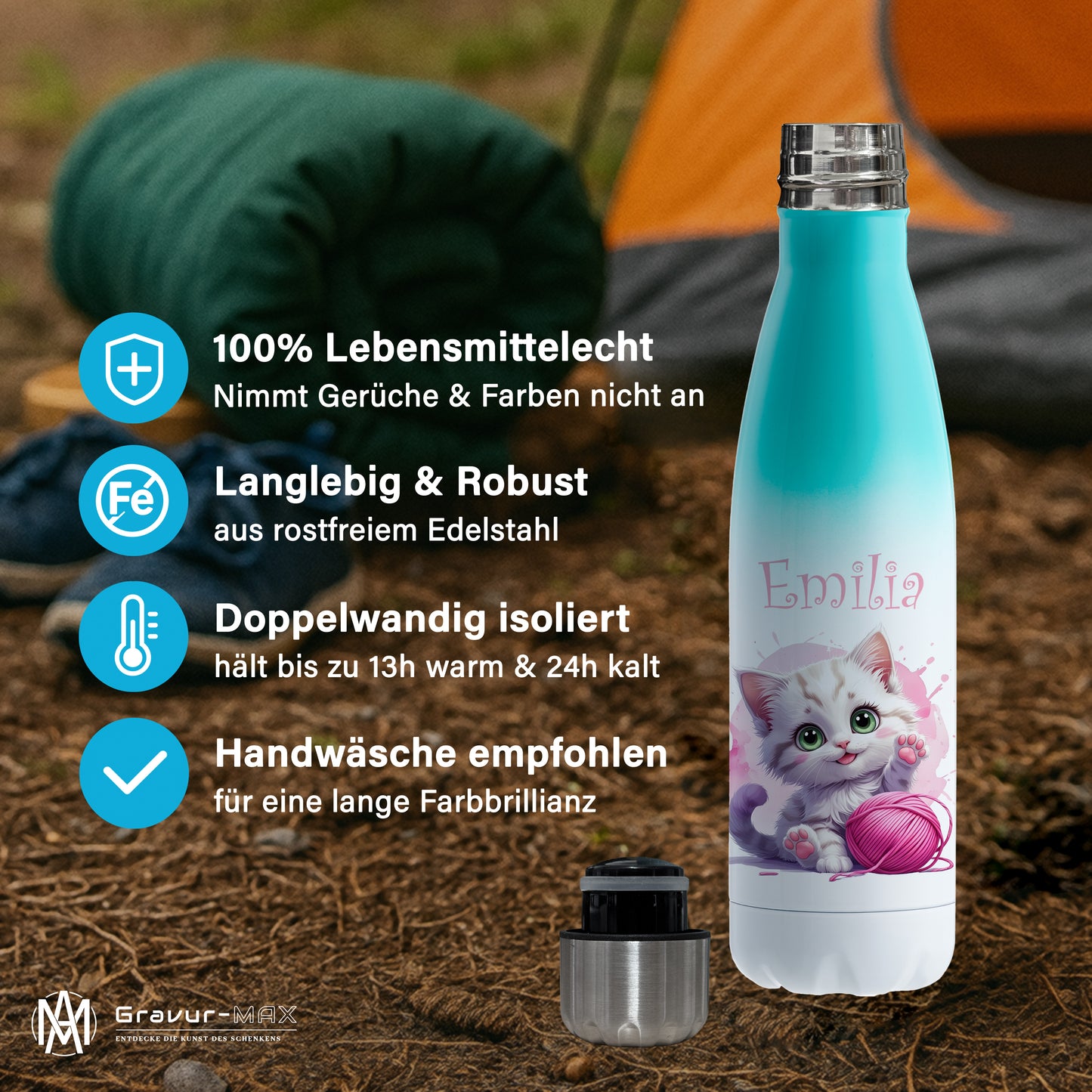 Trinkflasche in Weiß/Mint 500ml aus Edelstahl bedruckt mit niedlichen Tieren "Katze" personalisierbar für Kinder mit Wunschname