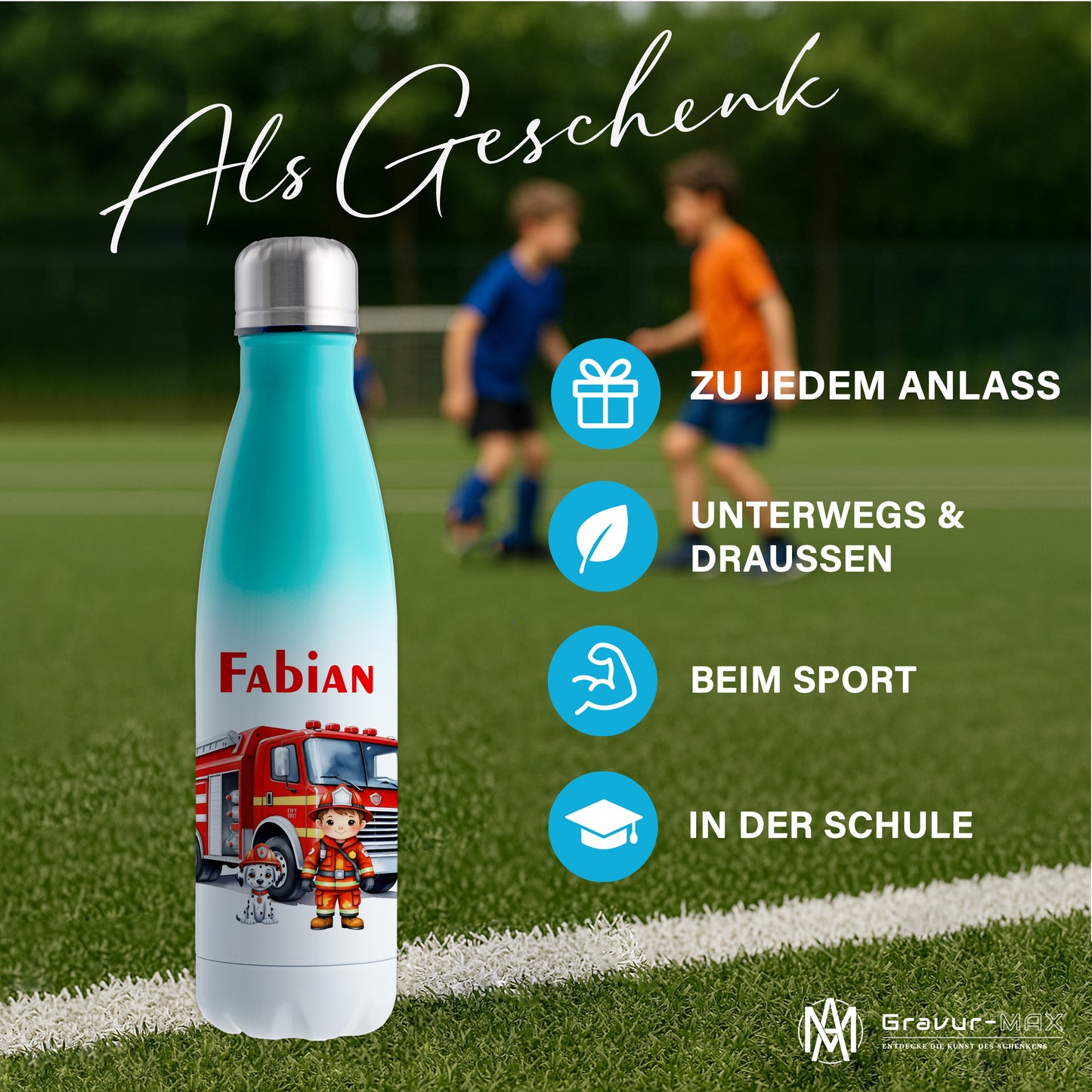 Thermoflasche 500ml in Weiß/Mint bedruckt mit tollen Motiven für Kinder "Feuerwehr" personalisierbar mit Wunschname