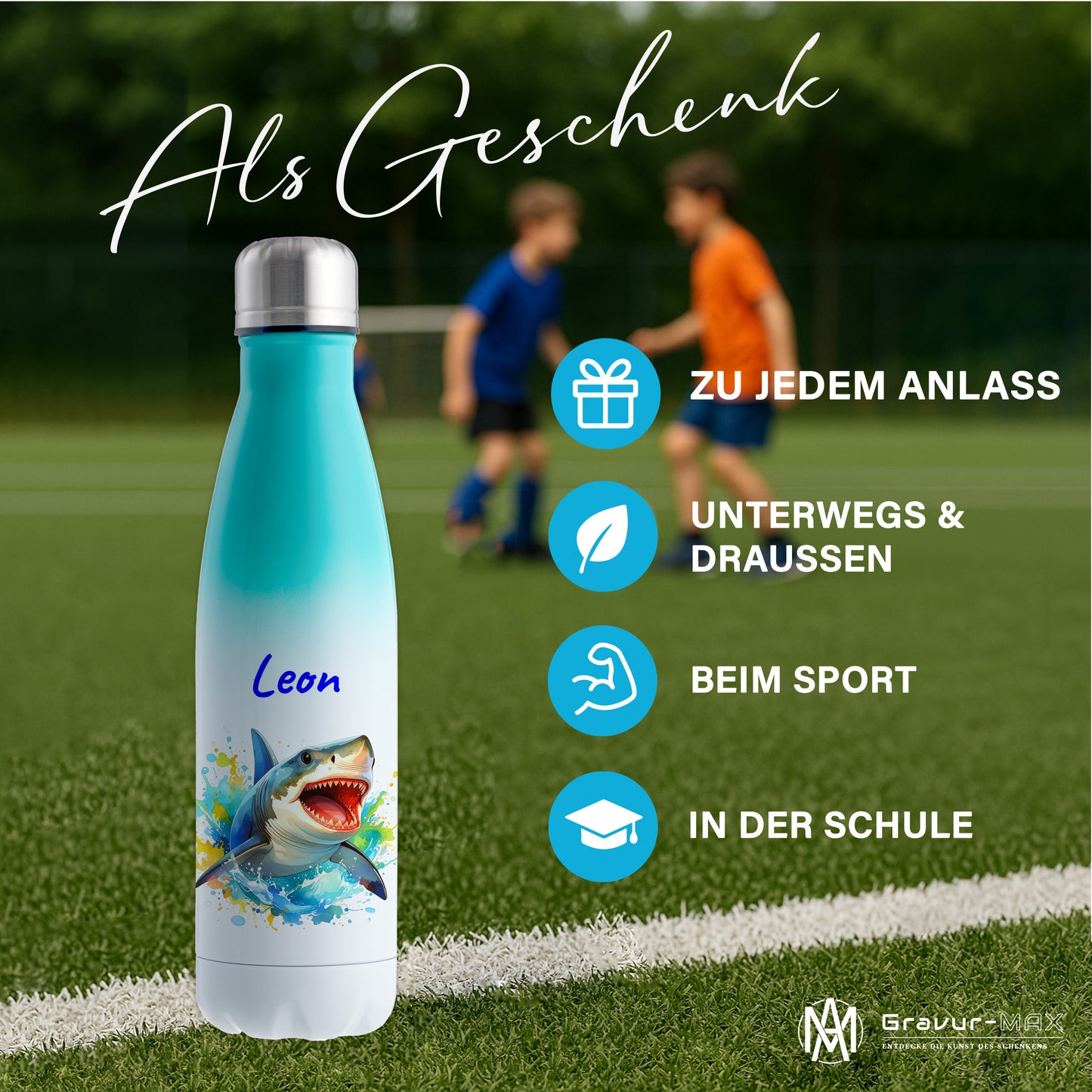Thermoflasche 500ml in Weiß/Mint bedruckt mit tollen Motiven für Kinder "Hai" personalisierbar mit Wunschname