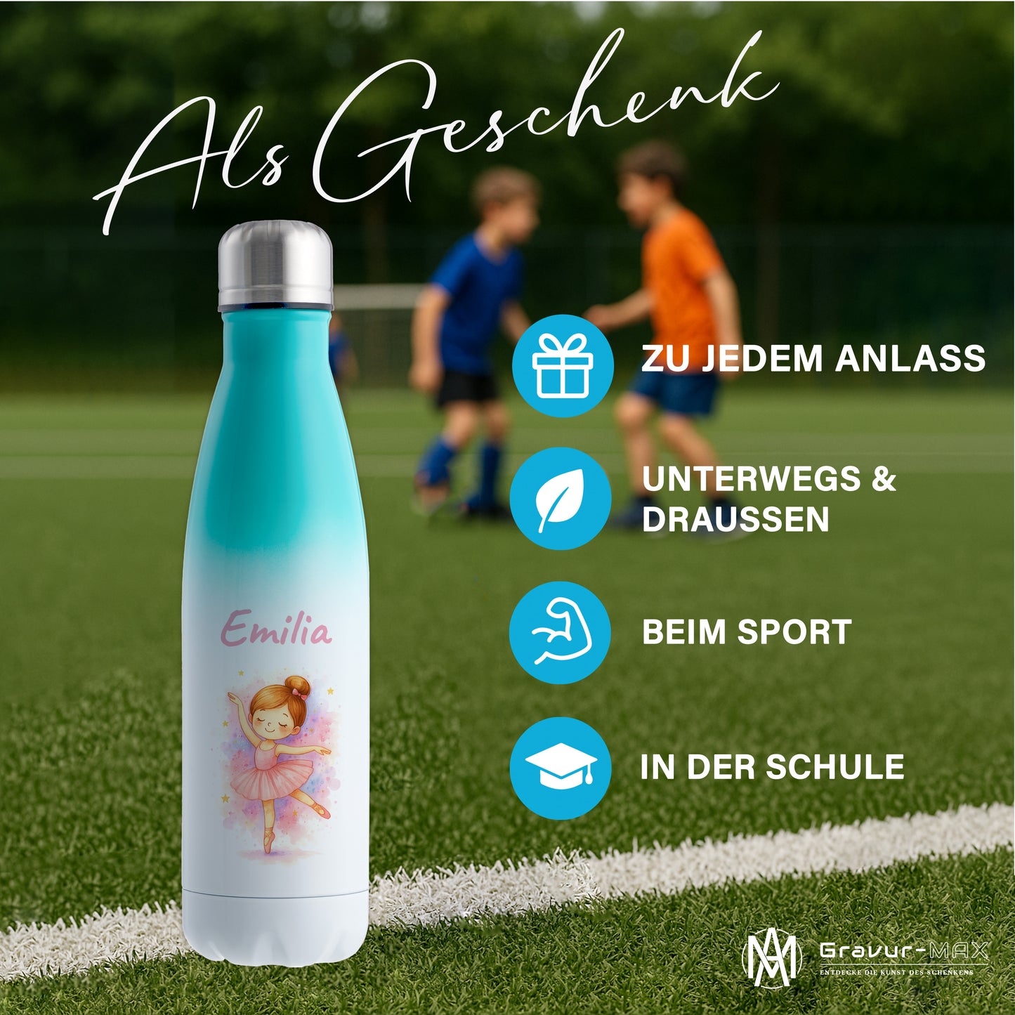 Thermoflasche 500ml in Weiß/Mint bedruckt mit tollen Motiven für Kinder "Ballerina" personalisierbar mit Wunschname
