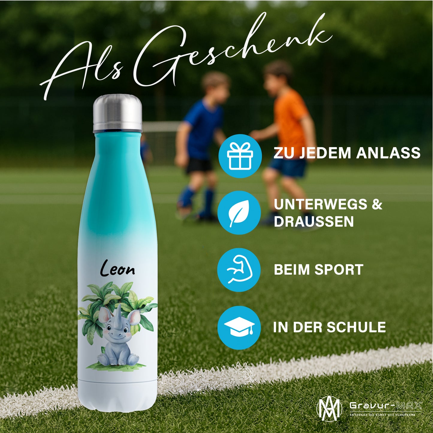 Trinkflasche mit Farbverlauf in Weiß/Mint 500ml aus Edelstahl bedruckt mit Dschungel Tieren"Nashorn" personalisierbar für Kinder mit Wunschname