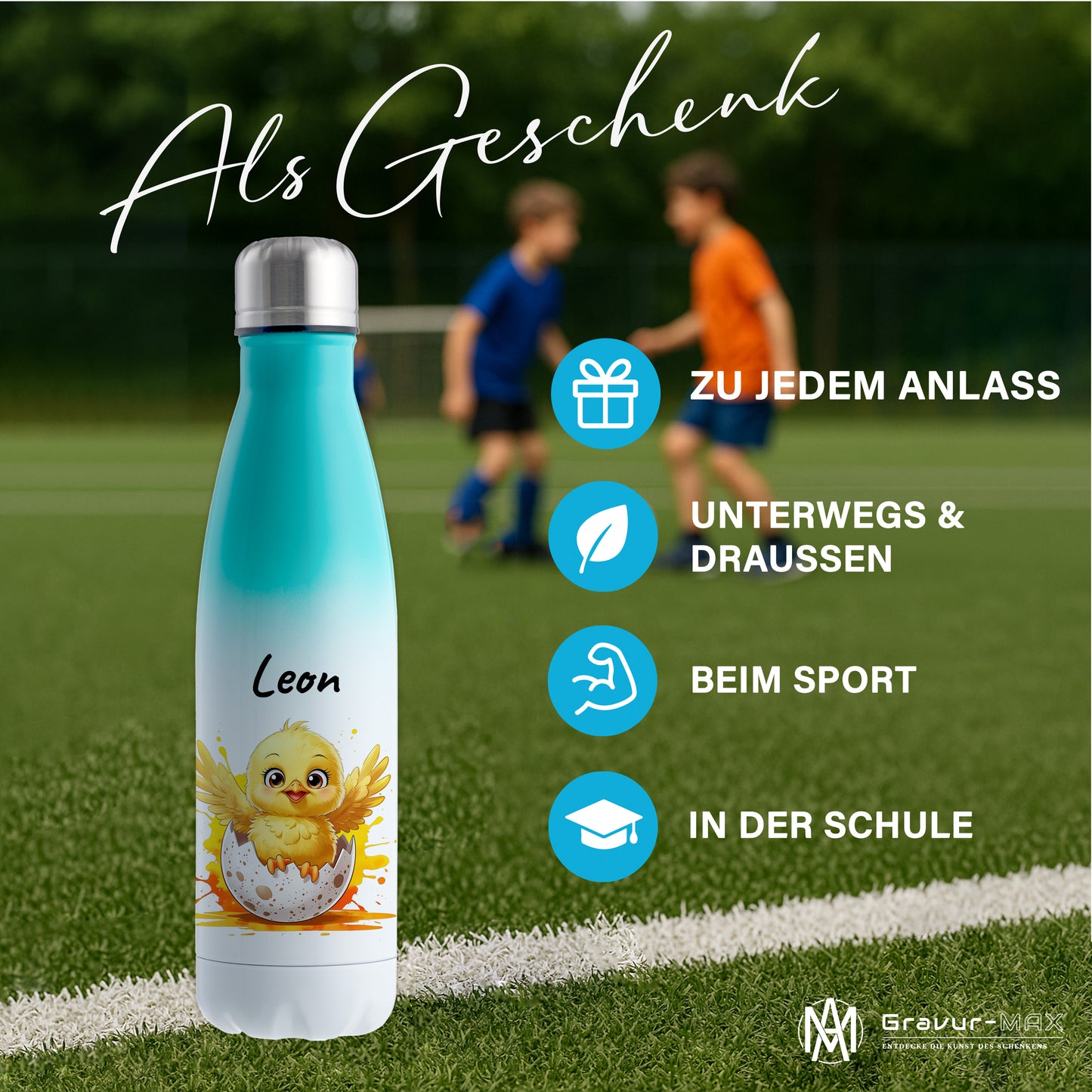 Trinkflasche in Weiß/Mint 500ml aus Edelstahl bedruckt mit niedlichen Tieren "Küken" personalisierbar für Kinder mit Wunschname