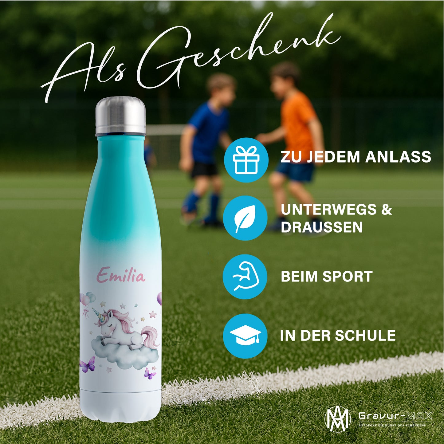 Thermoflasche 500ml in Weiß/Mint bedruckt mit tollen Motiven für Kinder "Einhorn Wolke" personalisierbar mit Wunschname