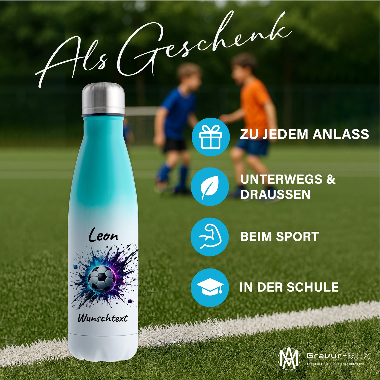 Thermoflasche 500ml in Weiß/Mint aus Edelstahl bedruckt "Fußball" Motiv10 personalisierbar mit Wunschname & Text