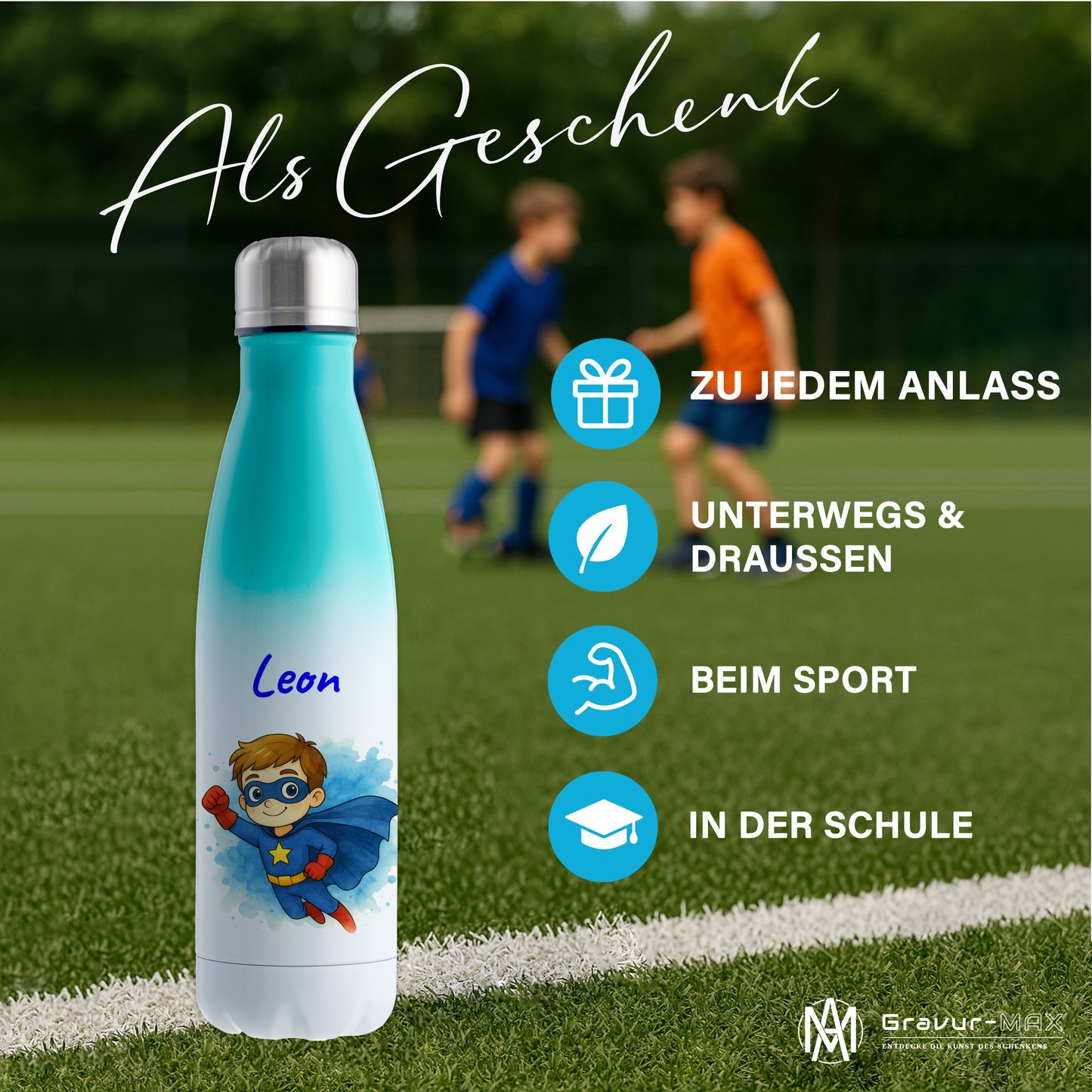 Thermoflasche 500ml in Weiß/Mint bedruckt mit tollen Motiven für Kinder "Superheld" personalisierbar mit Wunschname