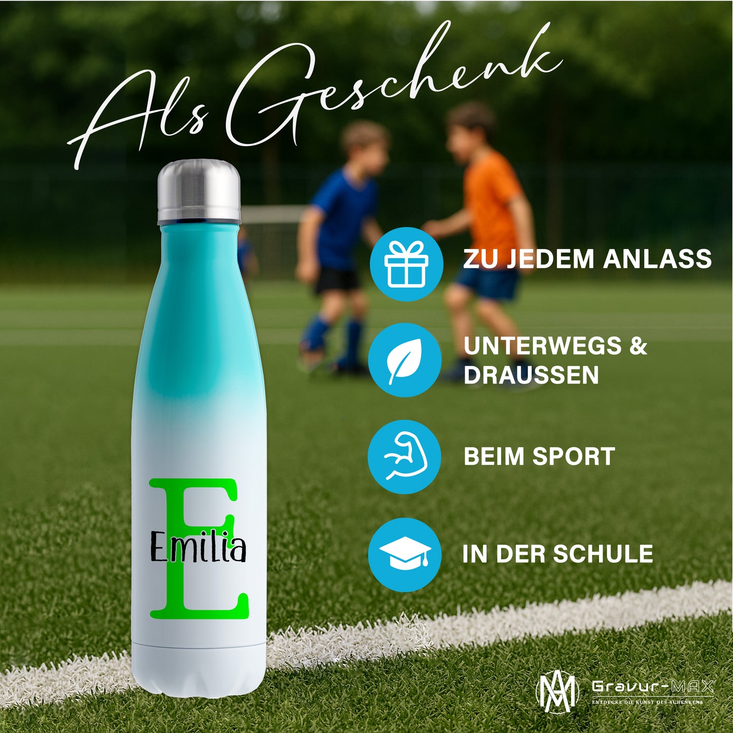 Thermoflasche 500ml aus Edelstahl in Weiß/Mint personalisierbar mit Wunschname auslaufsichere Trinkflasche