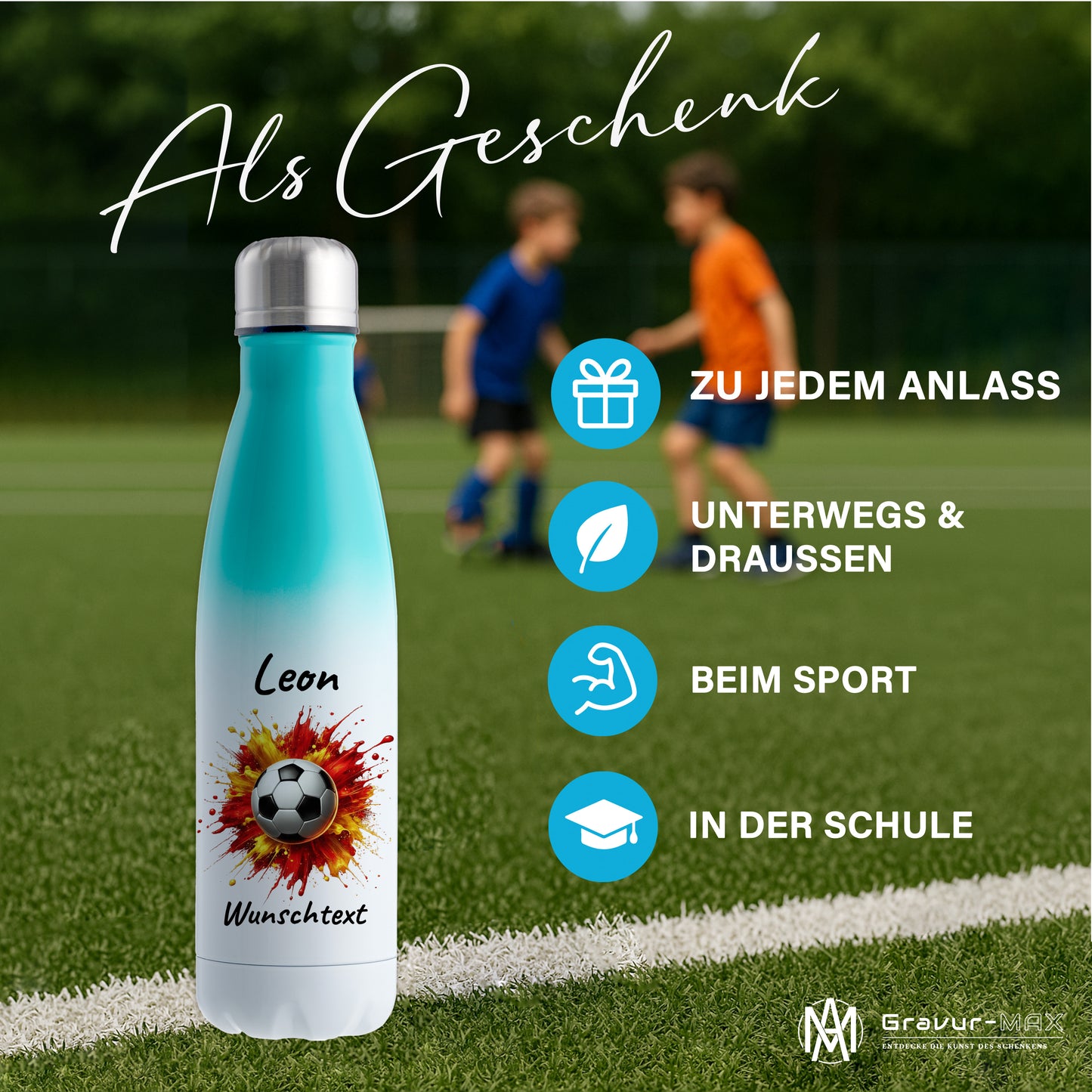 Thermoflasche 500ml in Weiß/Mint aus Edelstahl bedruckt "Fußball" Motiv9 personalisierbar mit Wunschname & Text