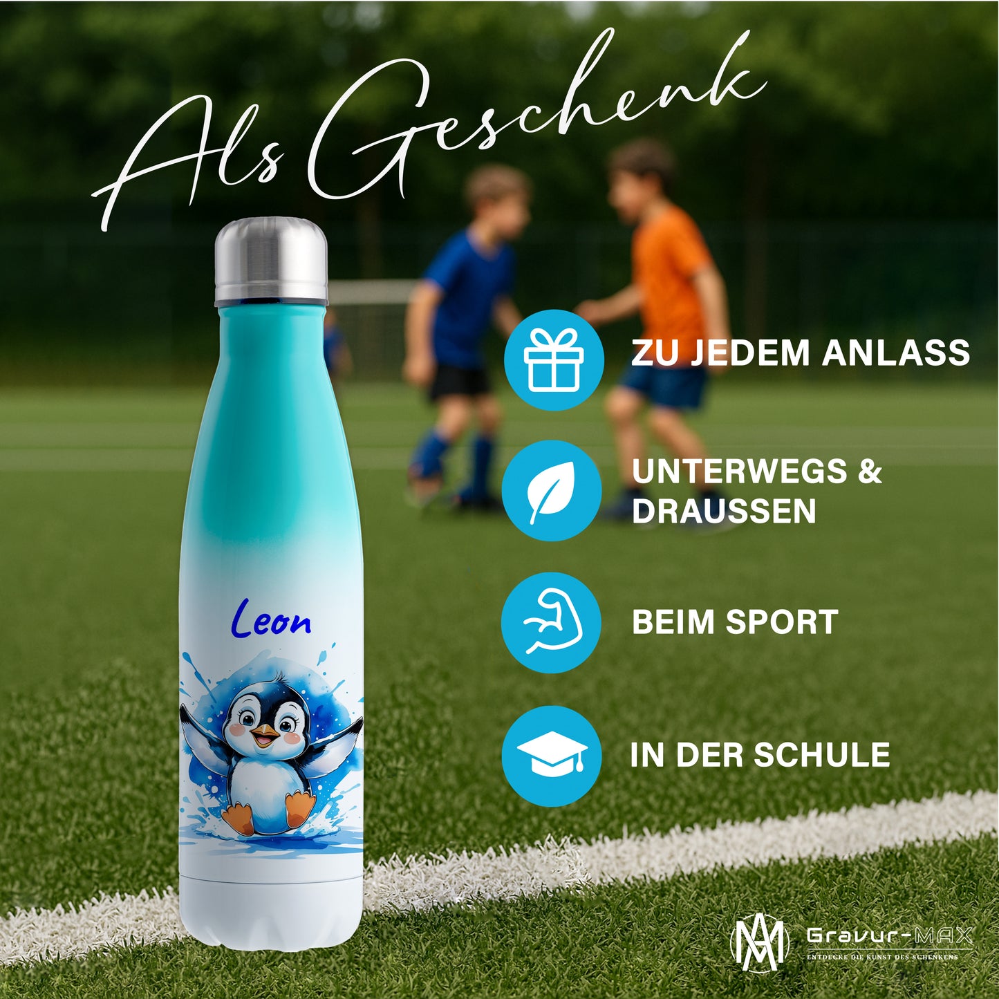 Trinkflasche in Weiß/Mint 500ml aus Edelstahl bedruckt mit niedlichen Tieren "Pinguin" personalisierbar für Kinder mit Wunschname