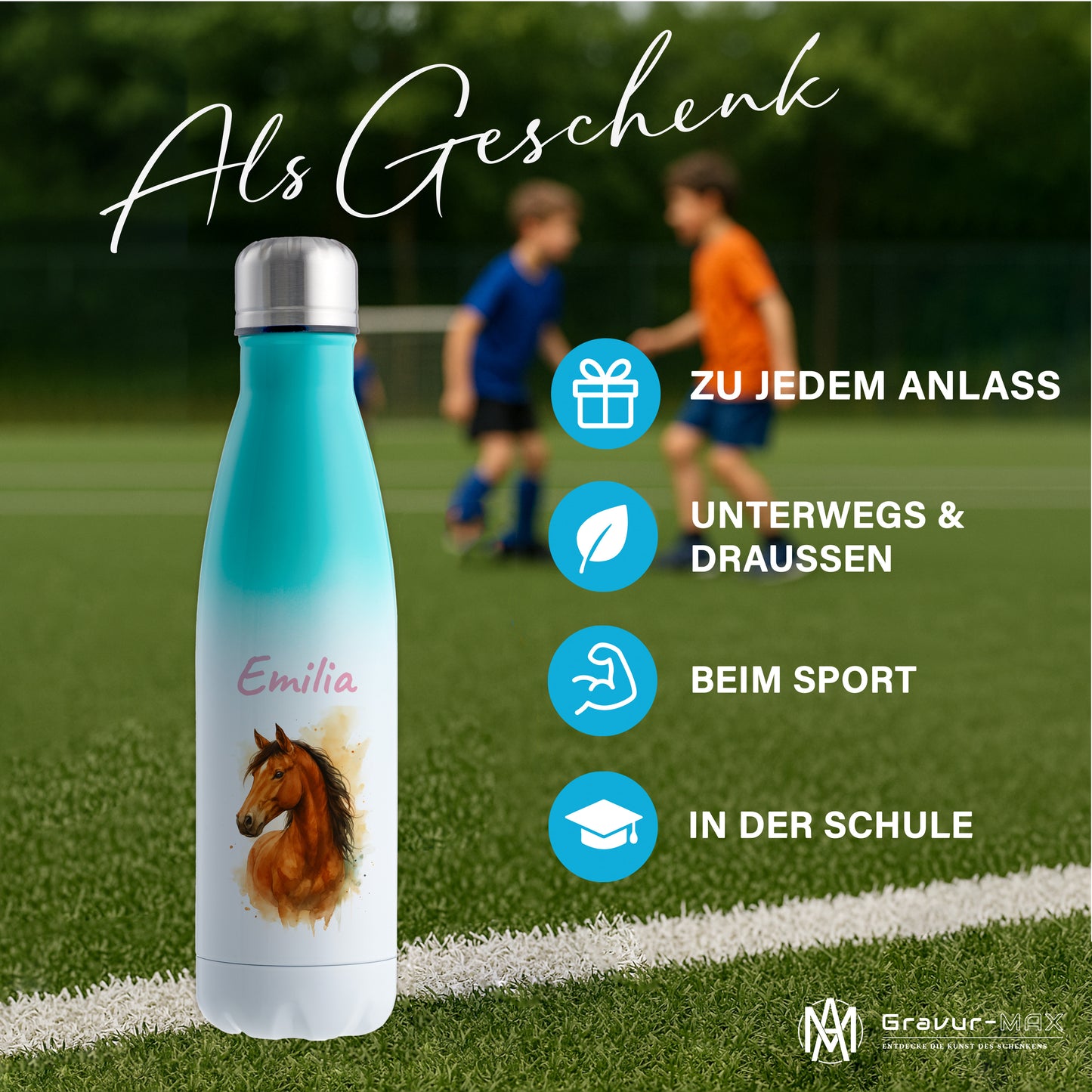 Thermoflasche 500ml in Weiß/Mint bedruckt mit tollen Motiven für Kinder "Pferd" personalisierbar mit Wunschname