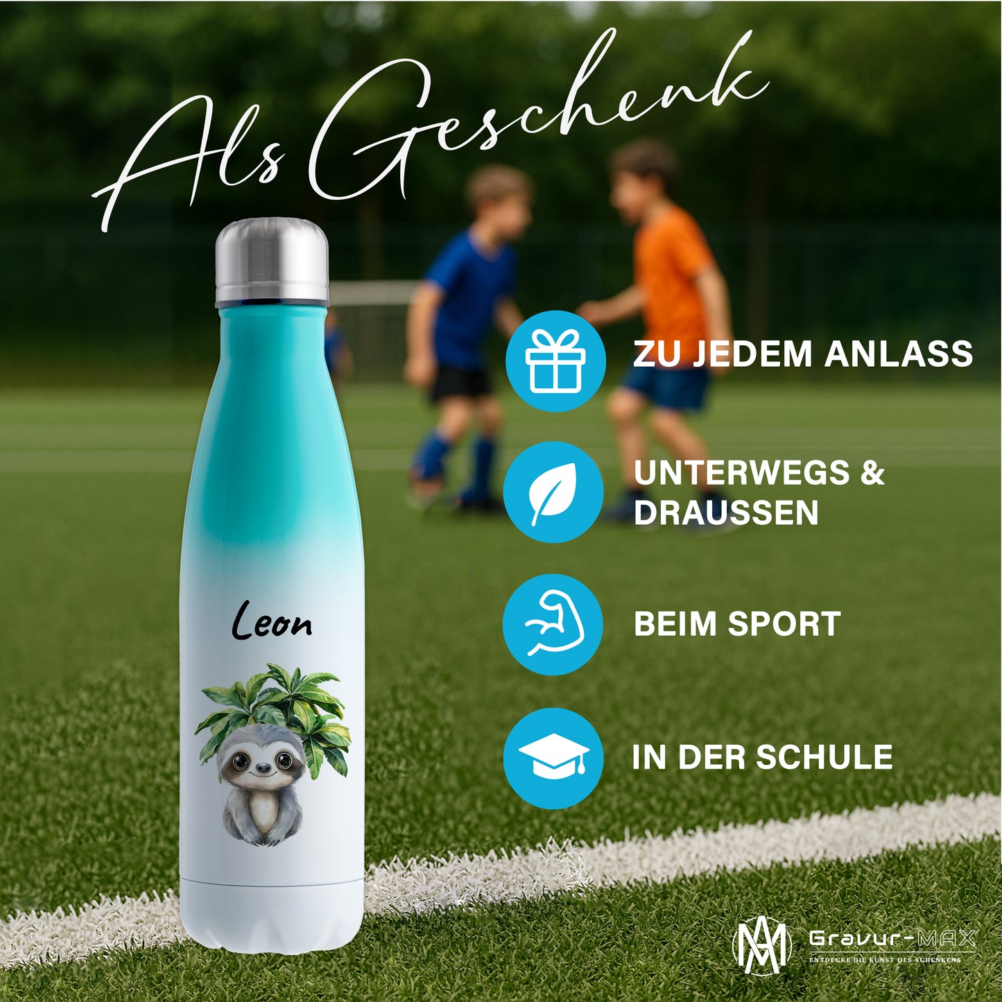 Trinkflasche mit Farbverlauf in Weiß/Mint 500ml aus Edelstahl bedruckt mit Dschungel Tieren"Faultier" personalisierbar für Kinder mit Wunschname