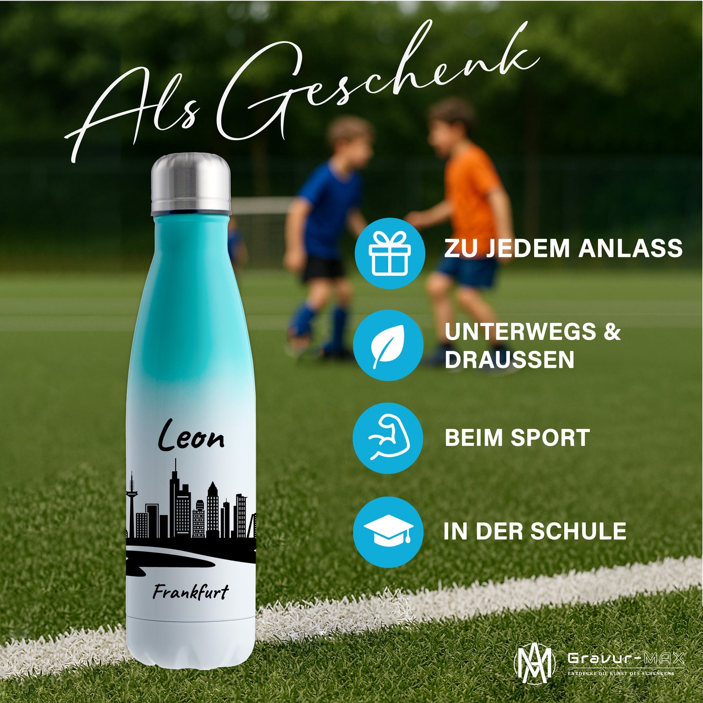 Trinkflasche in Weiß/Mint 500ml aus Edelstahl bedruckt mit der Skyline von Frankfurt personalisierbar mit Wunschname