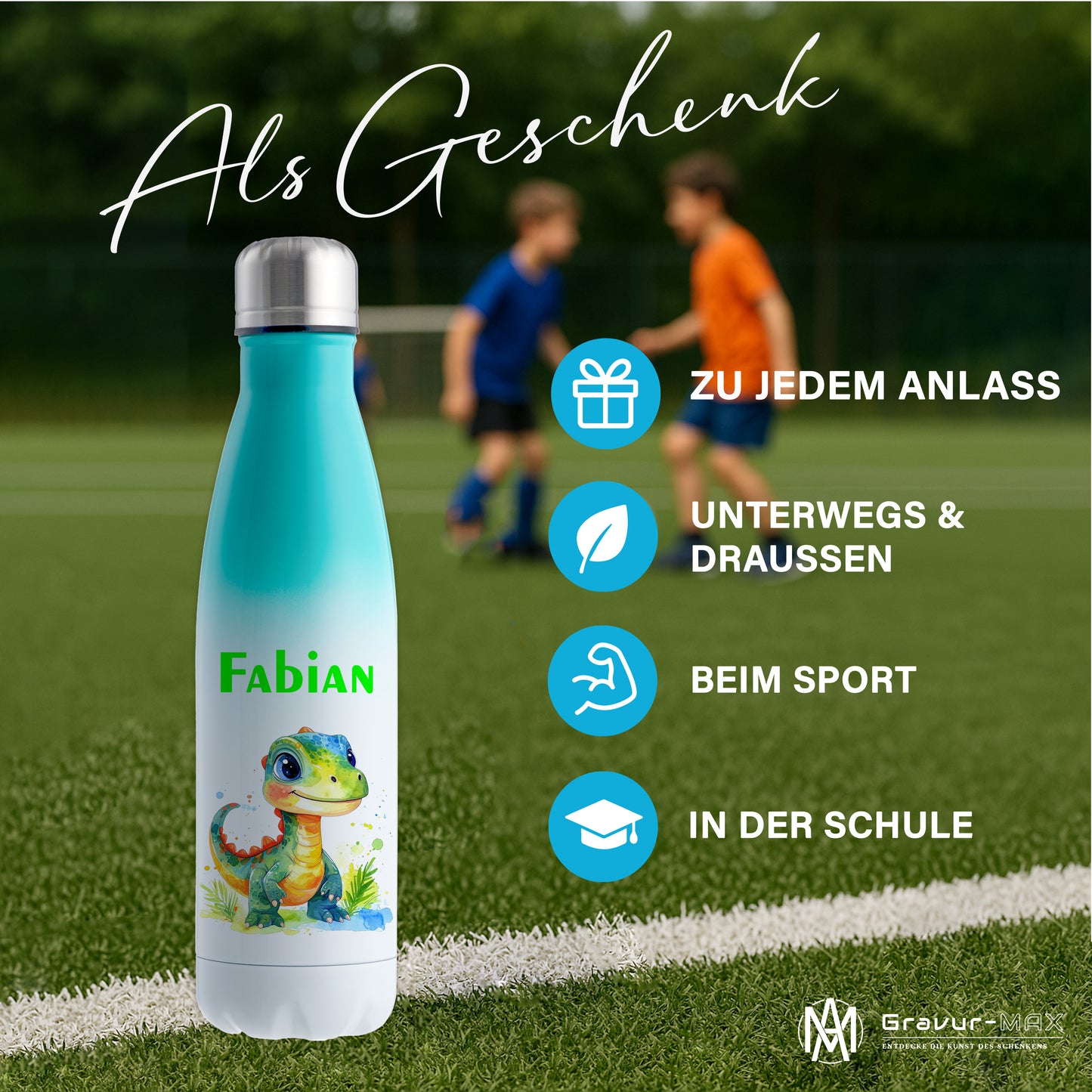 Thermoflasche 500ml in Weiß/Mint bedruckt mit tollen Motiven für Kinder "Dino Kinder" personalisierbar mit Wunschname