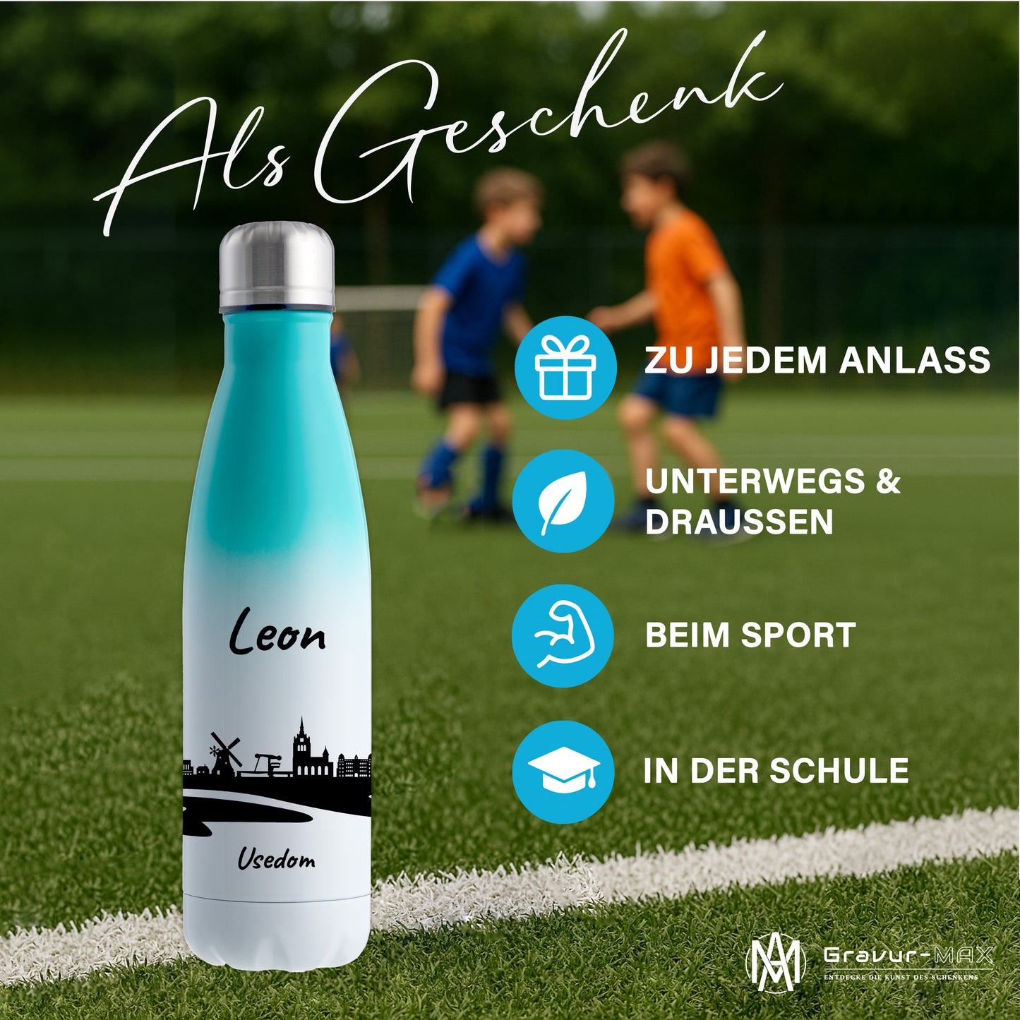 Trinkflasche in Weiß/Mint 500ml aus Edelstahl bedruckt mit der Skyline von Usedom personalisierbar mit Wunschname