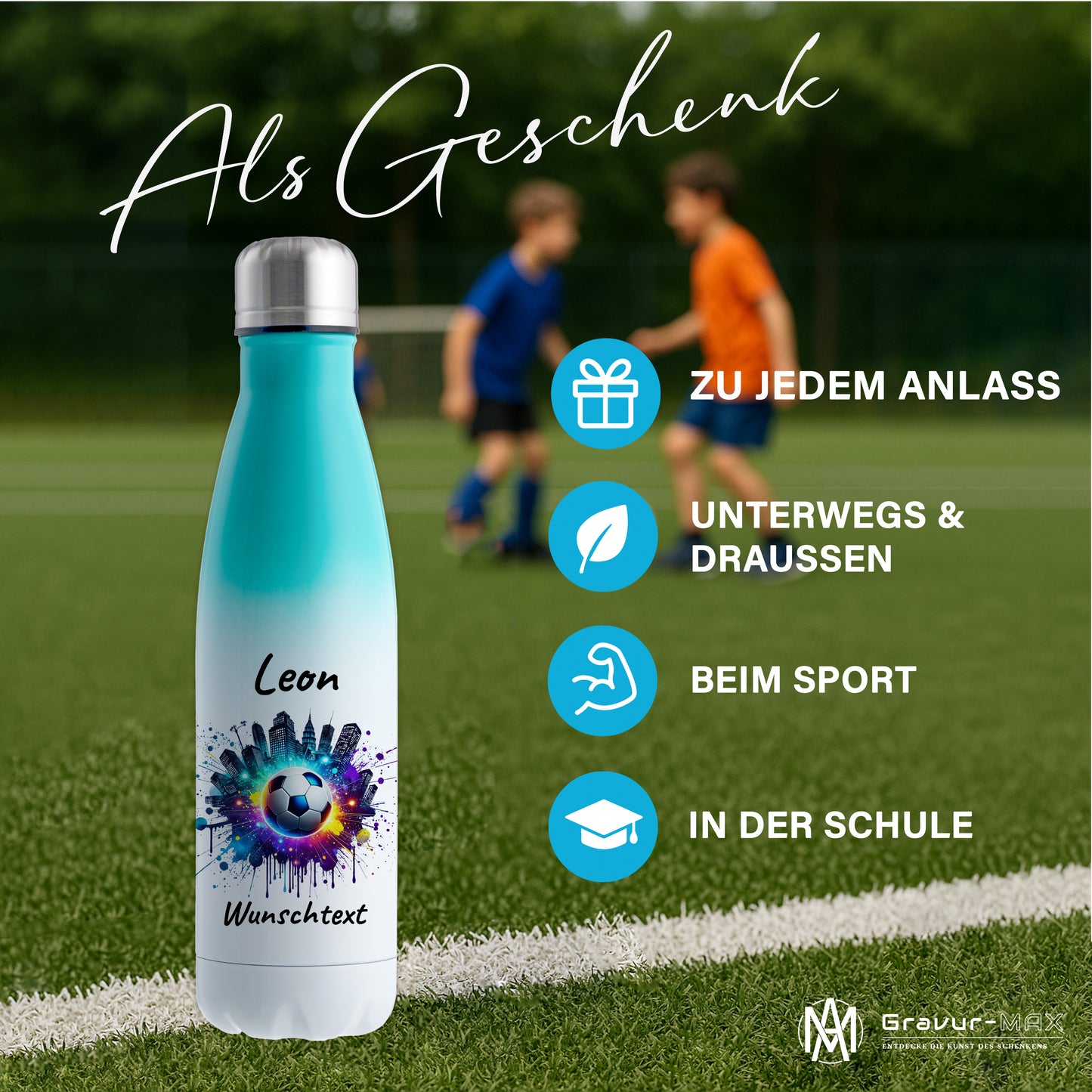 Thermoflasche 500ml in Weiß/Mint aus Edelstahl bedruckt "Fußball" Motiv7 personalisierbar mit Wunschname & Text