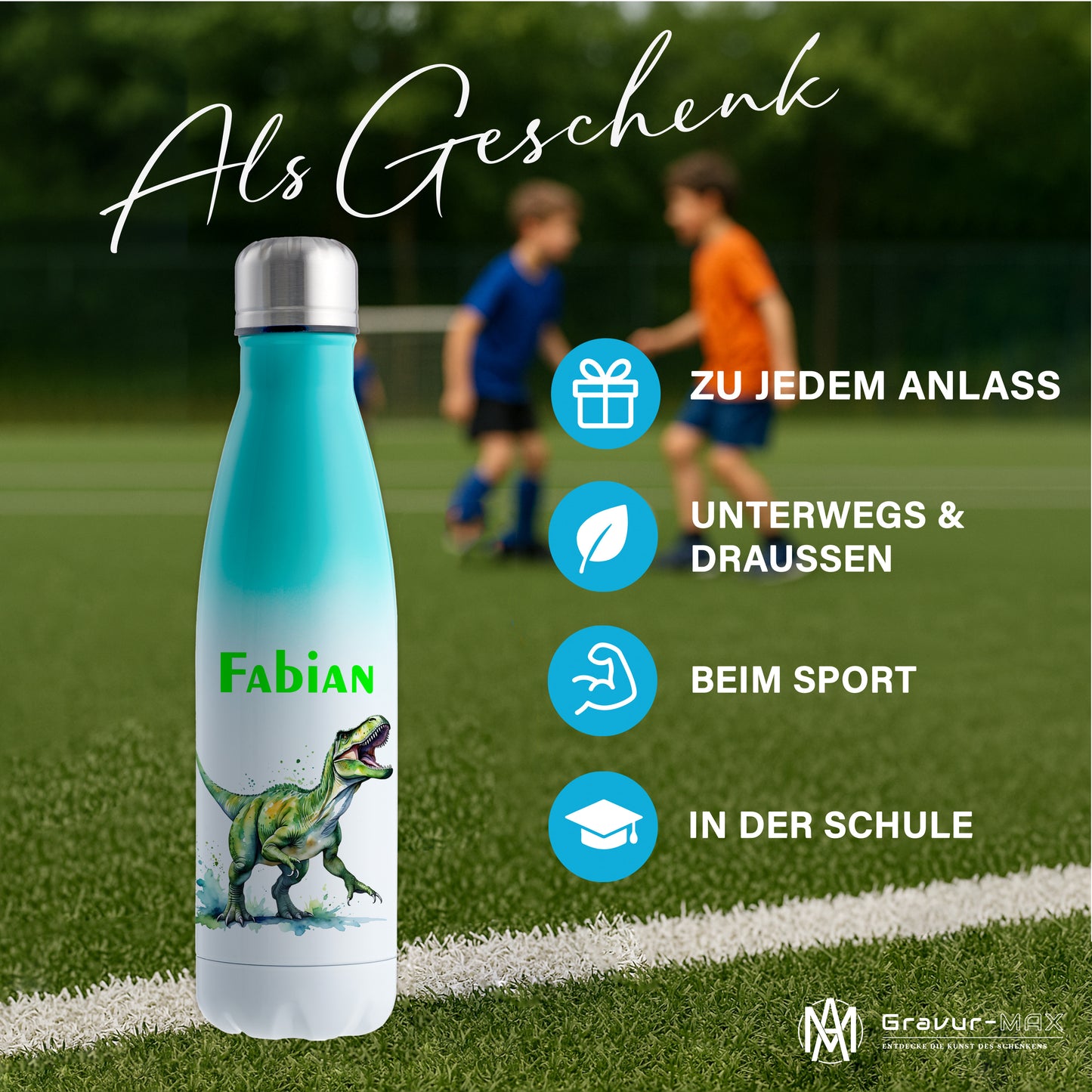 Thermoflasche 500ml in Weiß/Mint bedruckt mit tollen Motiven für Kinder "Dino T-Rex" personalisierbar mit Wunschname
