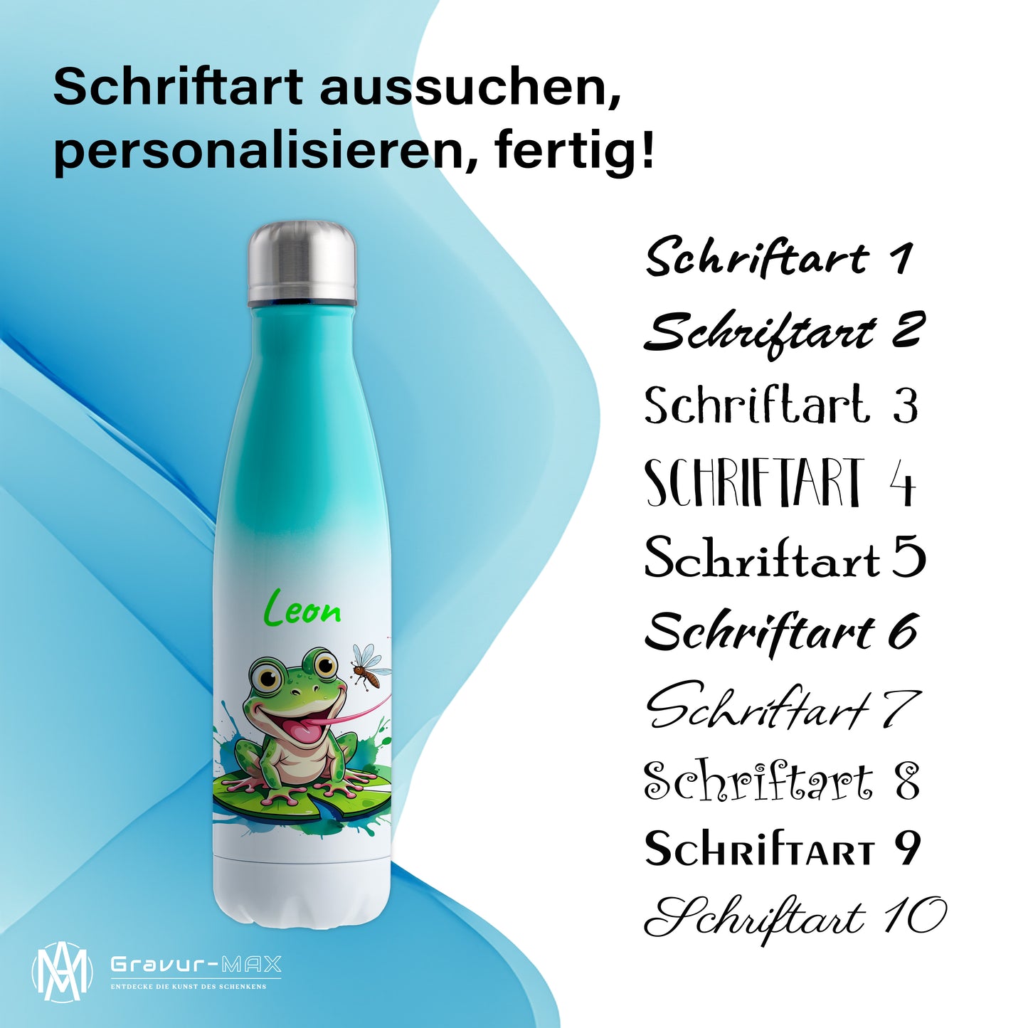 Trinkflasche in Weiß/Mint 500ml aus Edelstahl bedruckt mit niedlichen Tieren "Frosch" personalisierbar für Kinder mit Wunschname