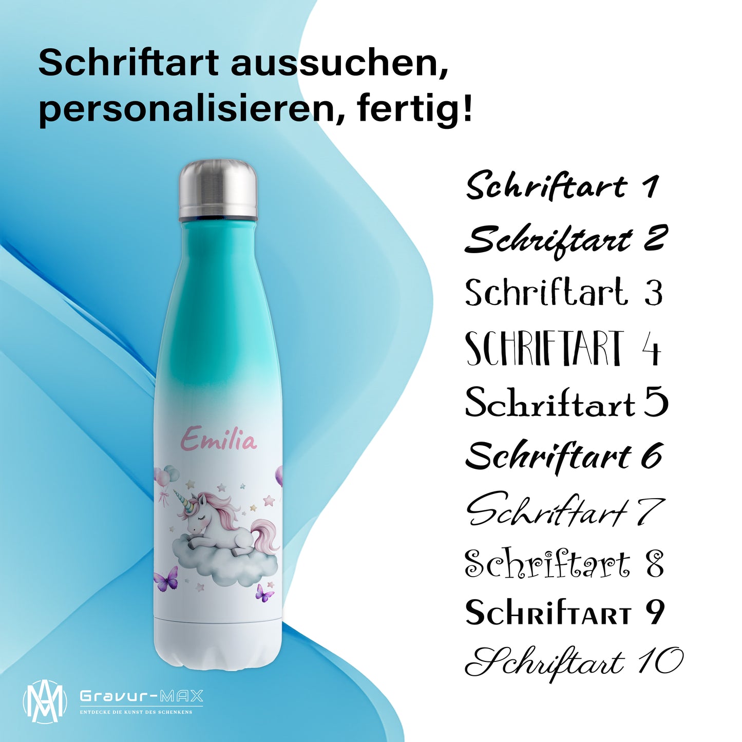 Thermoflasche 500ml in Weiß/Mint bedruckt mit tollen Motiven für Kinder "Einhorn Wolke" personalisierbar mit Wunschname