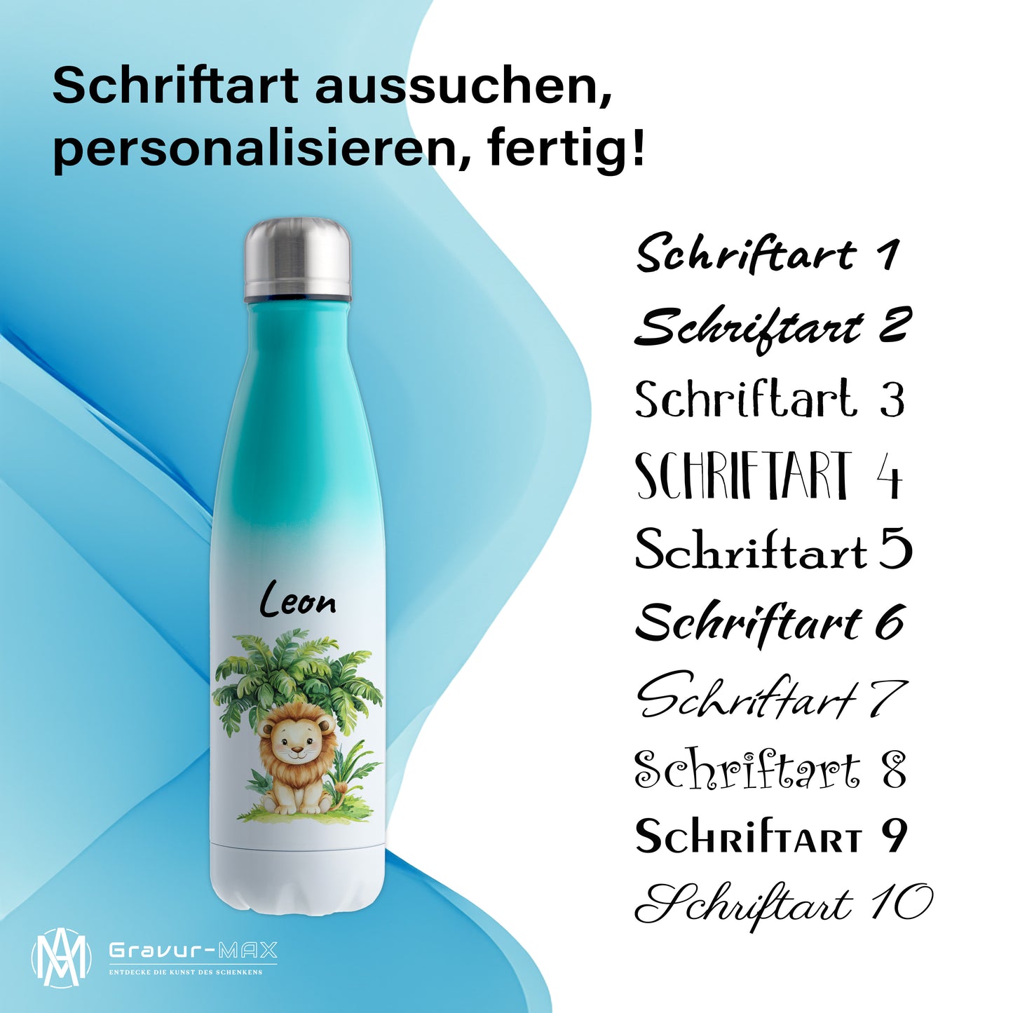 Trinkflasche mit Farbverlauf in Weiß/Mint 500ml aus Edelstahl bedruckt mit Dschungel Tieren"Löwe" personalisierbar für Kinder mit Wunschname