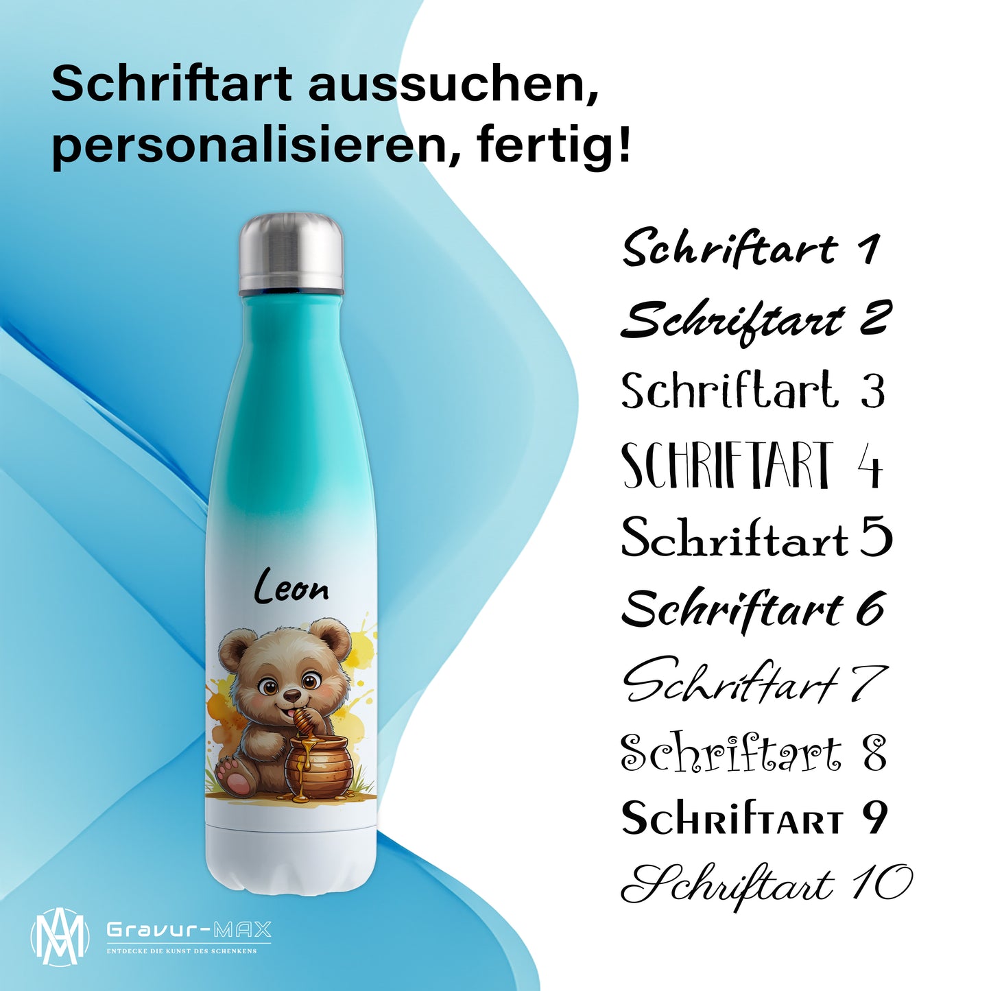 Trinkflasche in Weiß/Mint 500ml aus Edelstahl bedruckt mit niedlichen Tieren "Bär" personalisierbar für Kinder mit Wunschname