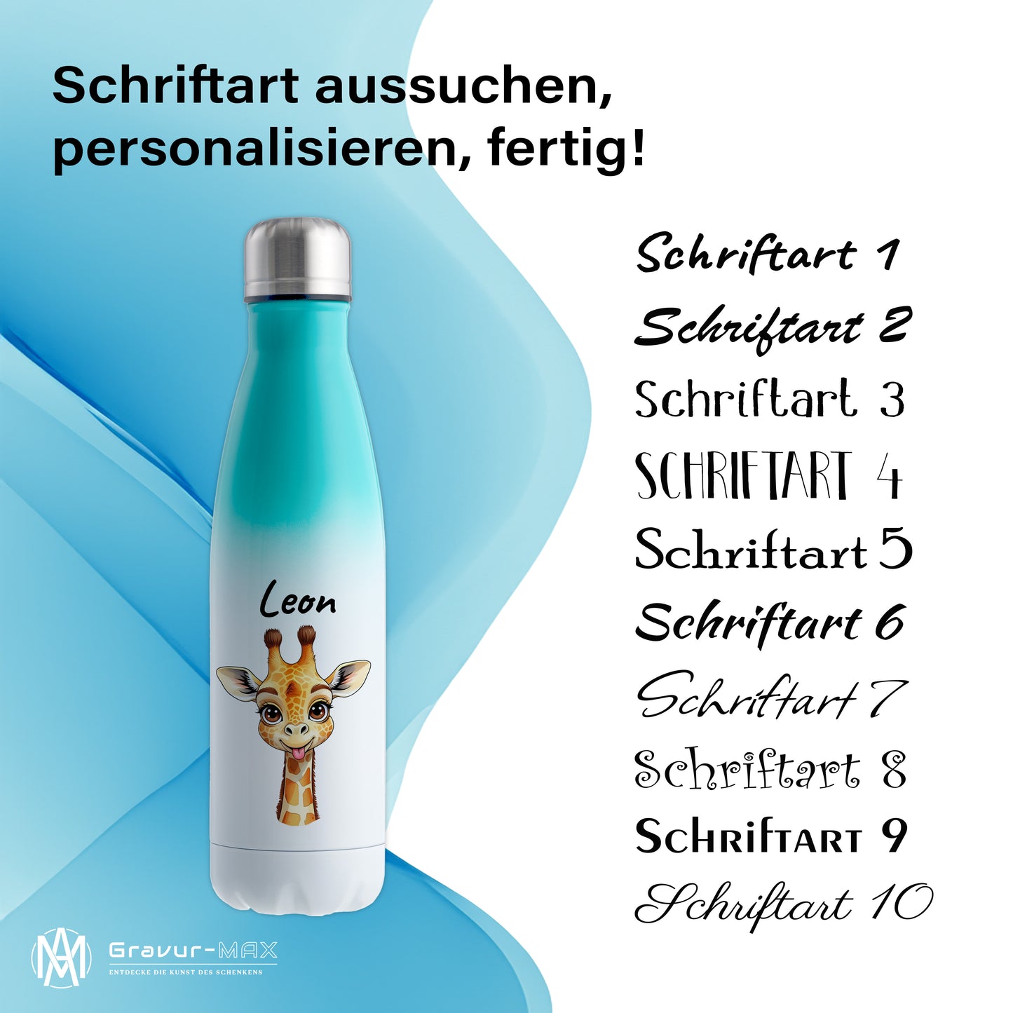 Trinkflasche in Weiß/Mint 500ml aus Edelstahl bedruckt mit niedlichen Tieren "Giraffe" personalisierbar für Kinder mit Wunschname