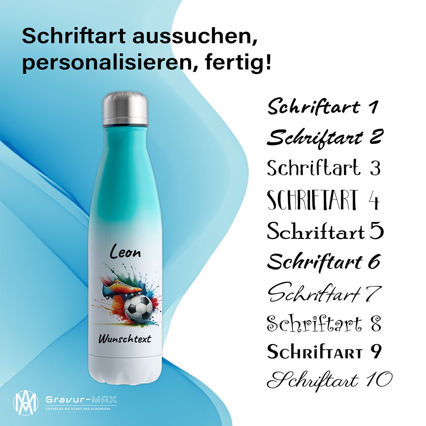 Thermoflasche 500ml in Weiß/Mint aus Edelstahl bedruckt "Fußball" Motiv6 personalisierbar mit Wunschname & Text