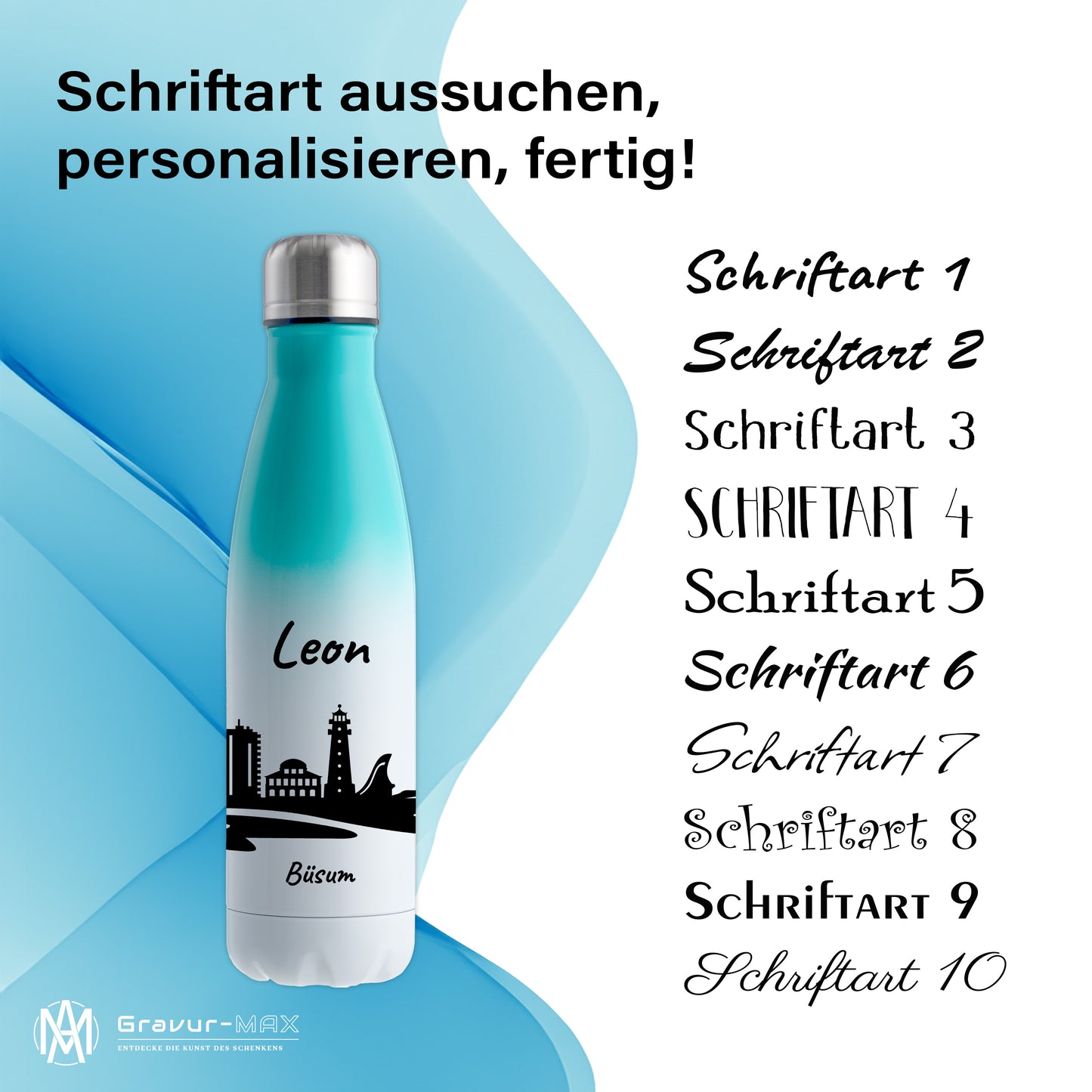 Trinkflasche in Weiß/Mint 500ml aus Edelstahl bedruckt mit der Skyline von Büsum personalisierbar mit Wunschname