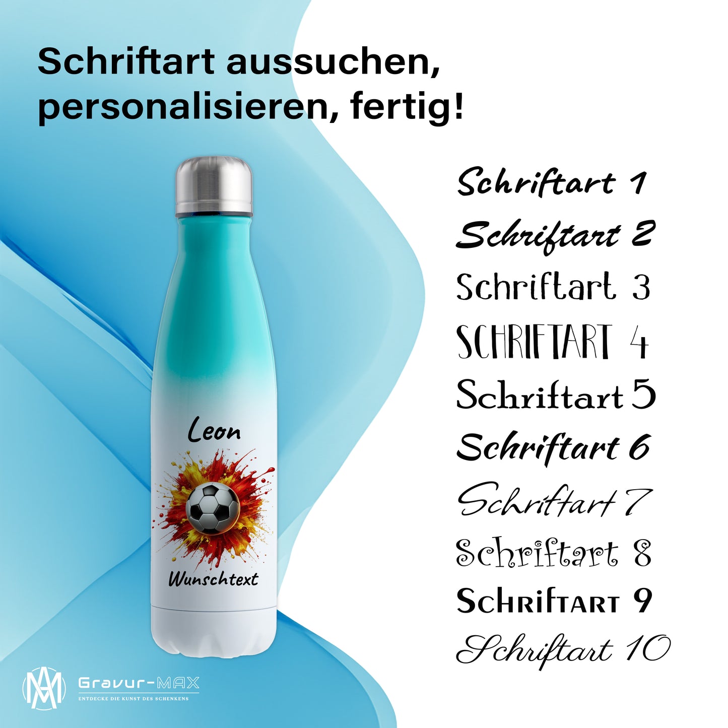 Thermoflasche 500ml in Weiß/Mint aus Edelstahl bedruckt "Fußball" Motiv9 personalisierbar mit Wunschname & Text